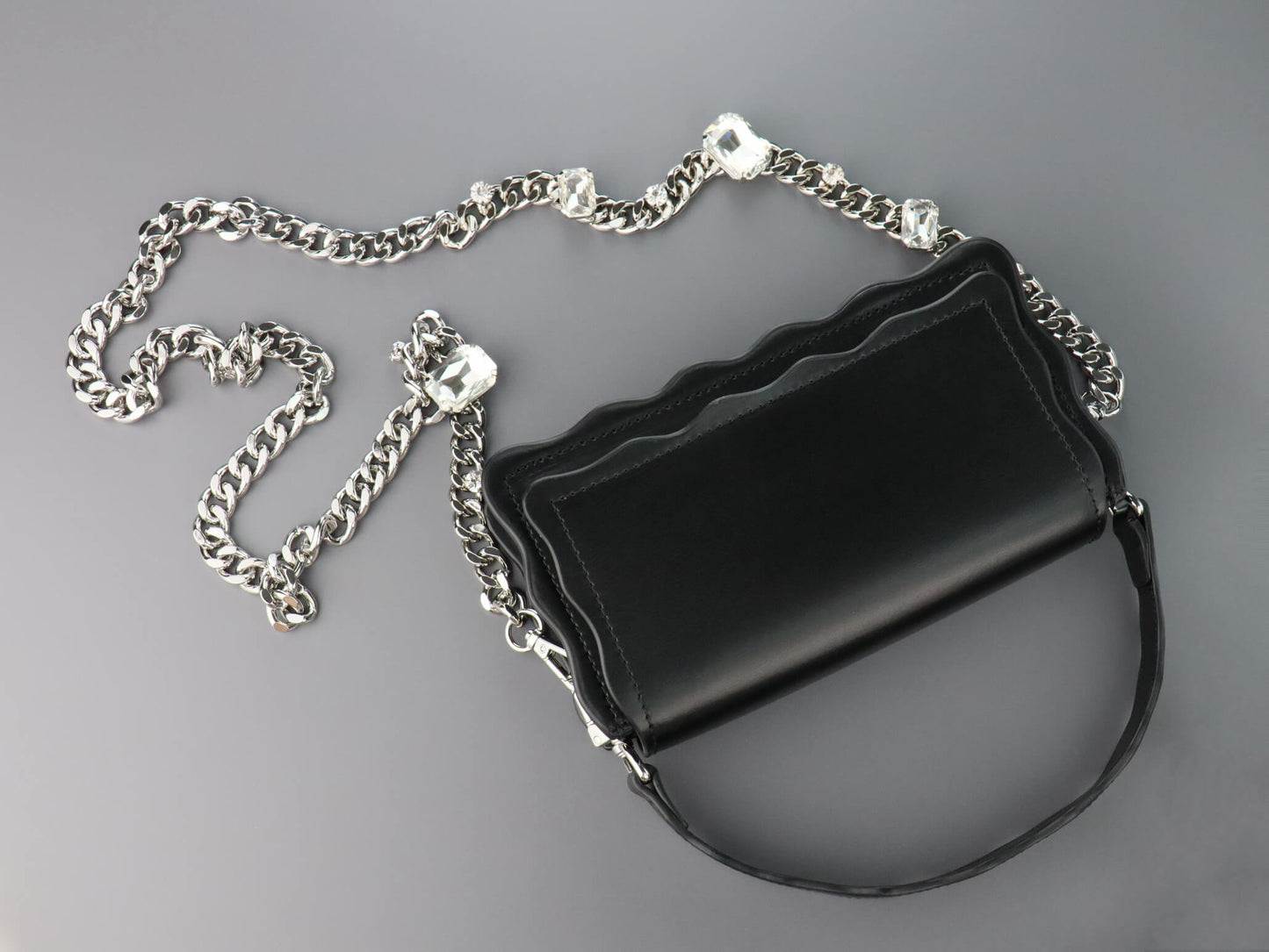 Black Leather Crossbody Bag | Rhinestones Chain Stap