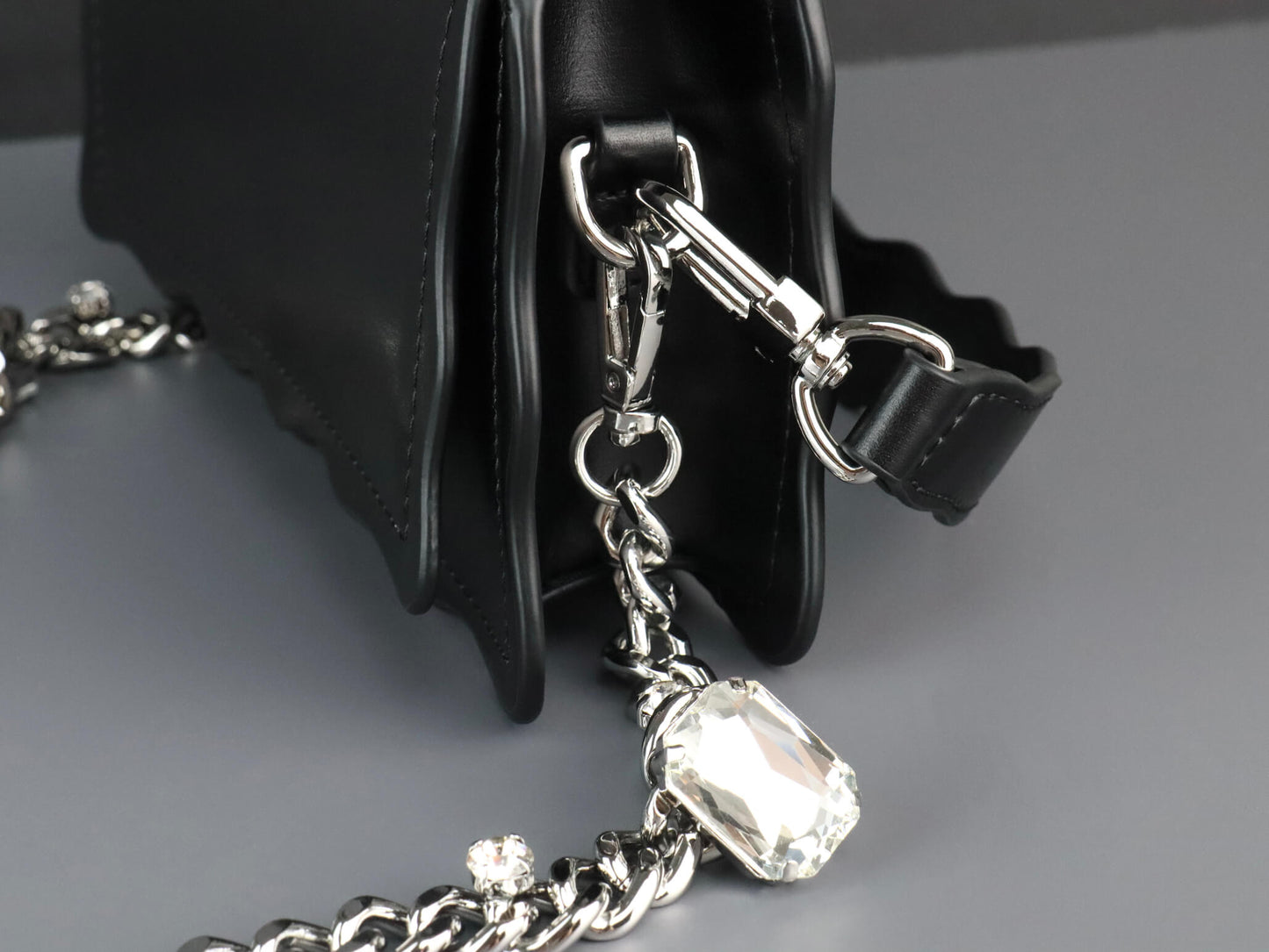 Black Leather Crossbody Bag | Rhinestones Chain Stap