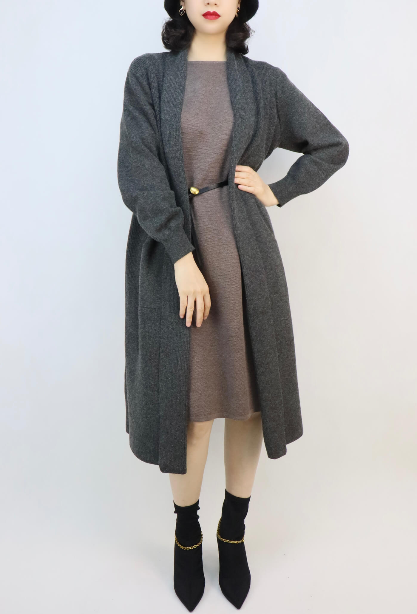 Black Leather Handbag Crossbody Bag + Relaxed Long Cardigan in Dark Grey