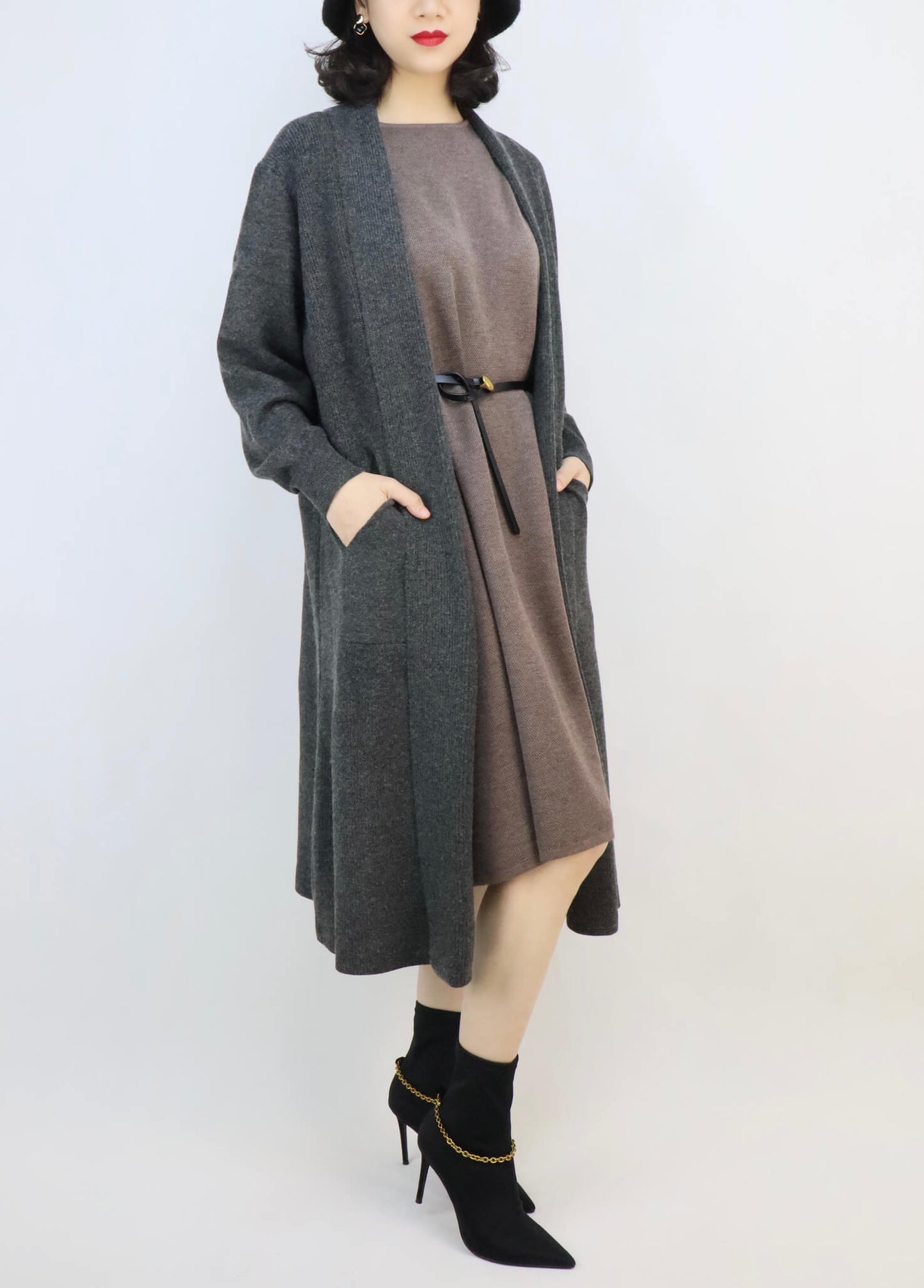 Black Leather Handbag Crossbody Bag + Relaxed Long Cardigan in Dark Grey