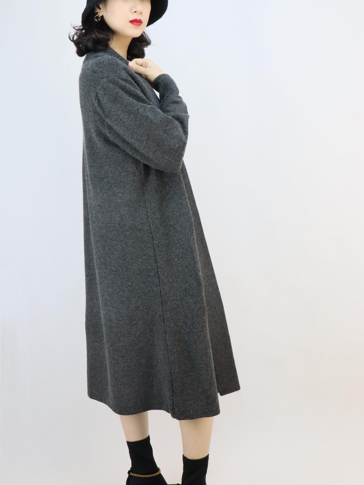 Black Leather Handbag Crossbody Bag + Relaxed Long Cardigan in Dark Grey