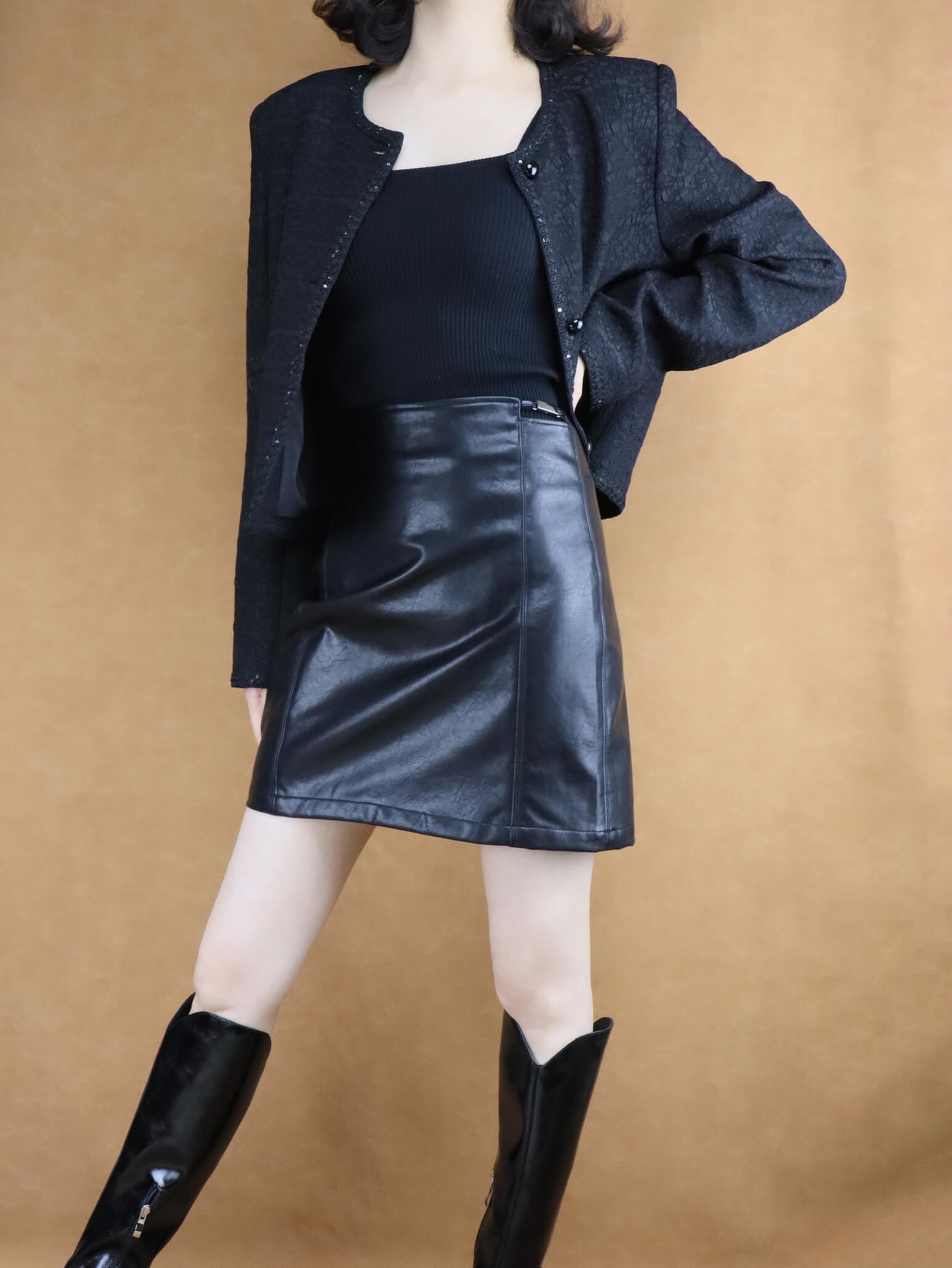 black leather short skirt
