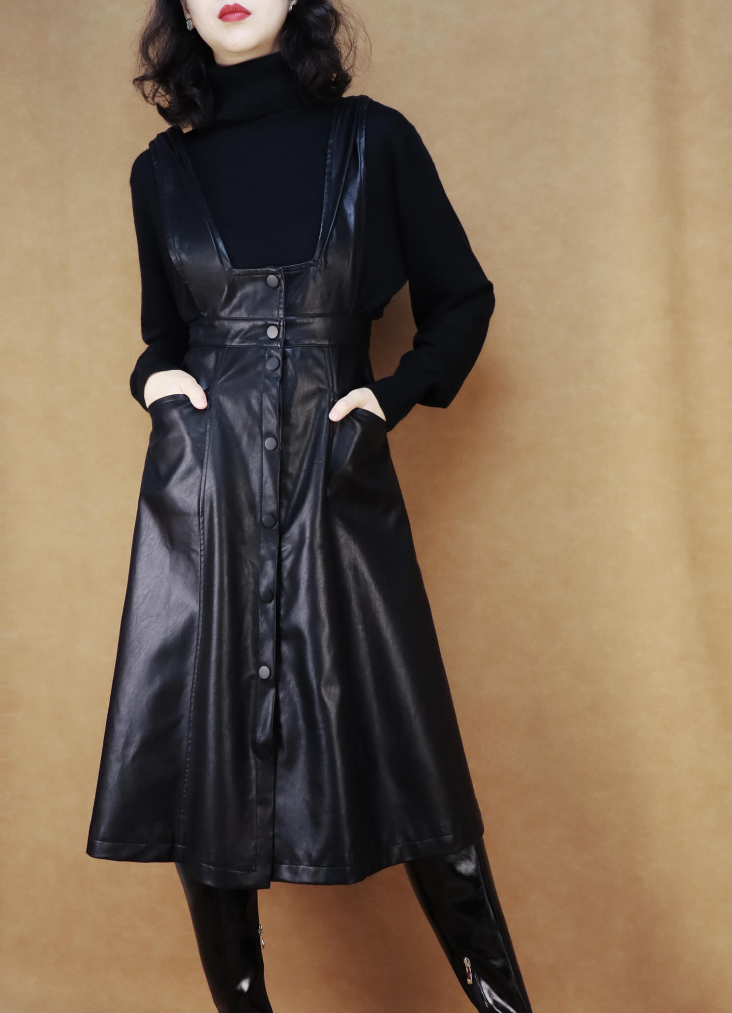 High-Waisted Vintage Black Leather Dress | Women's Overall Dress High-Waisted Vintage Black Leather Dress | Women's Overall Dress