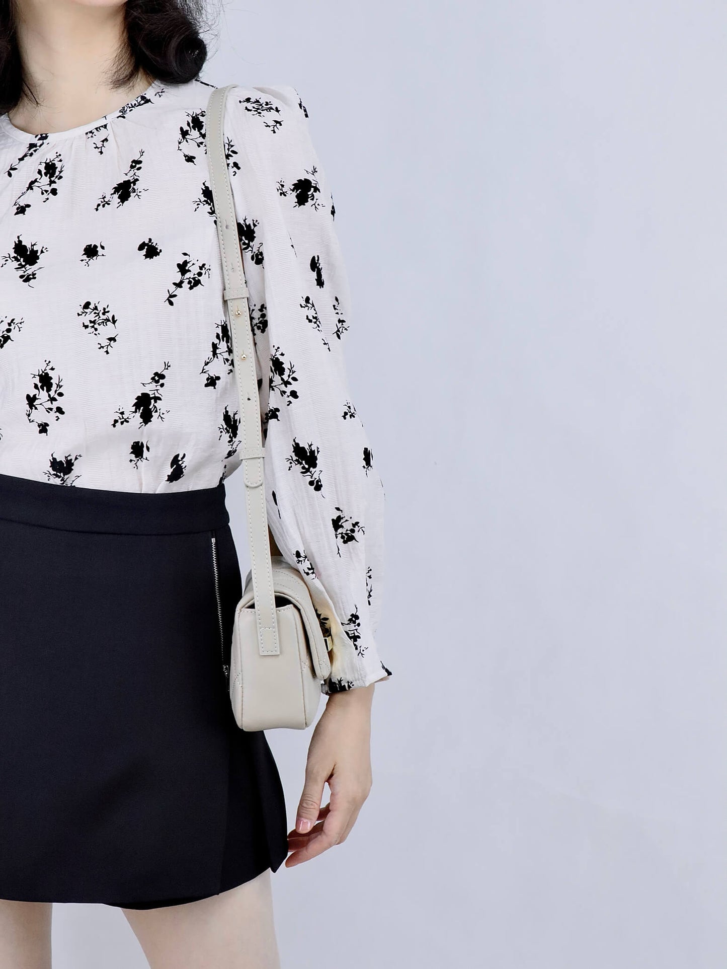 Women Flocked Floral Blouse | pair with short skirt and leather crossbody bag