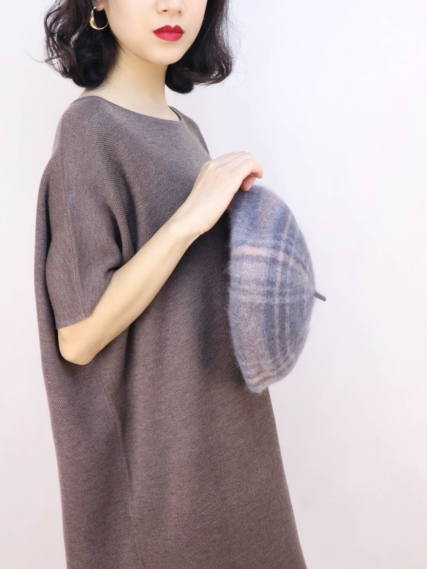 wool knitted beret hat | light grey tartan