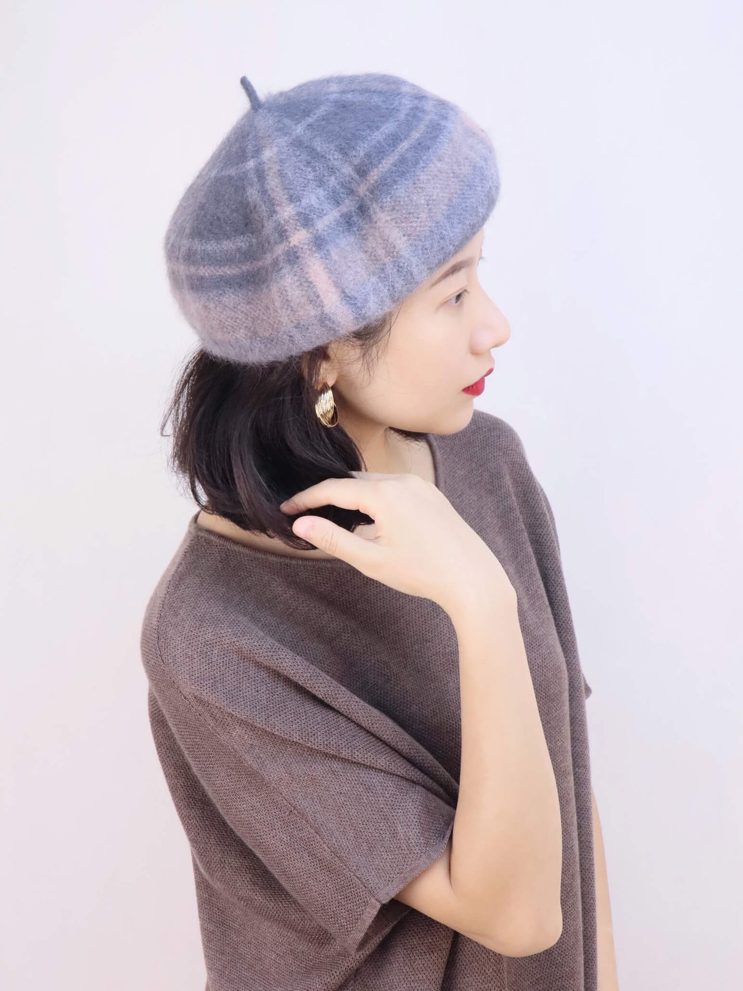wool knitted beret hat | light grey tartan