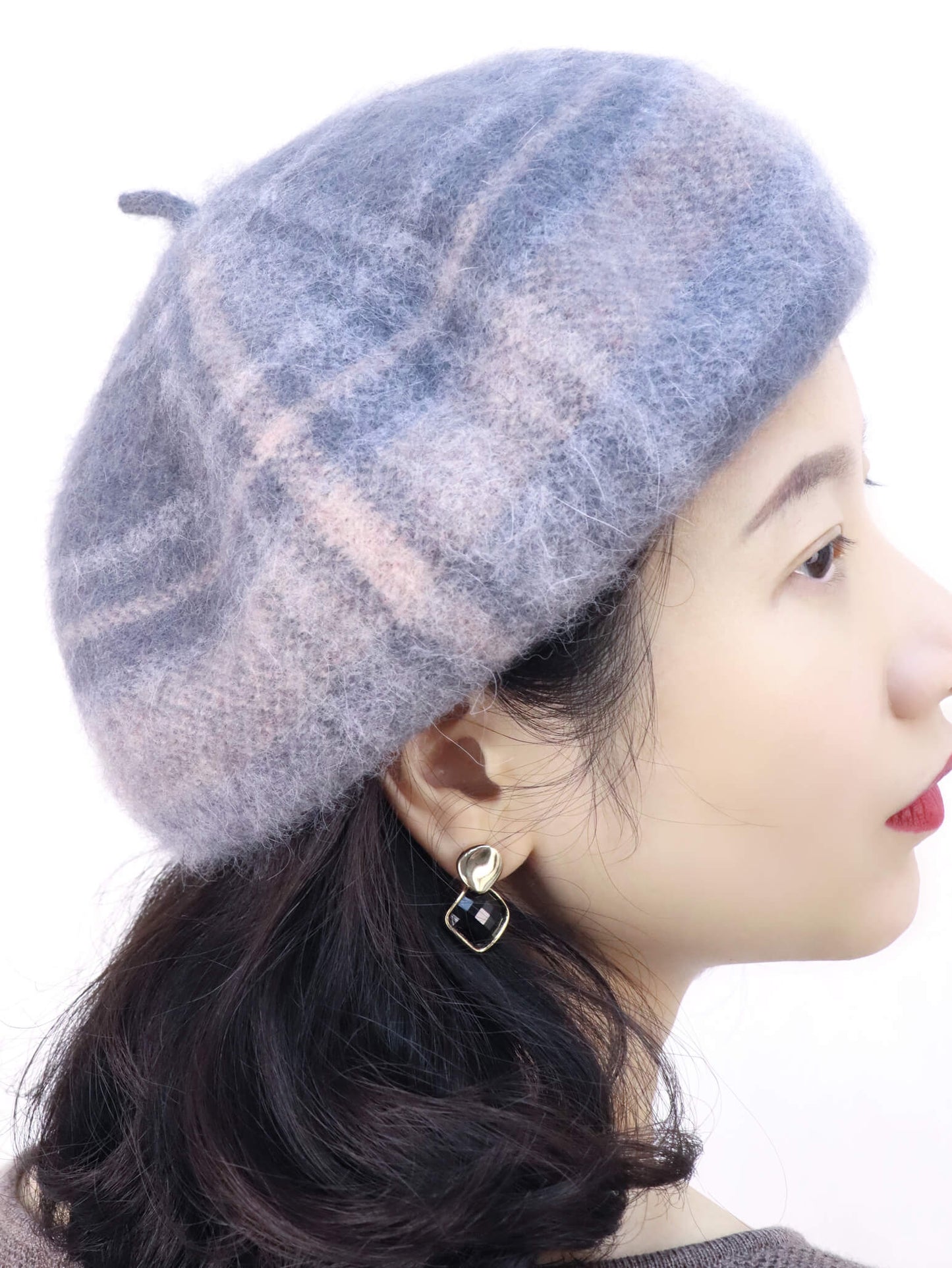 wool knitted beret hat | light grey tartan