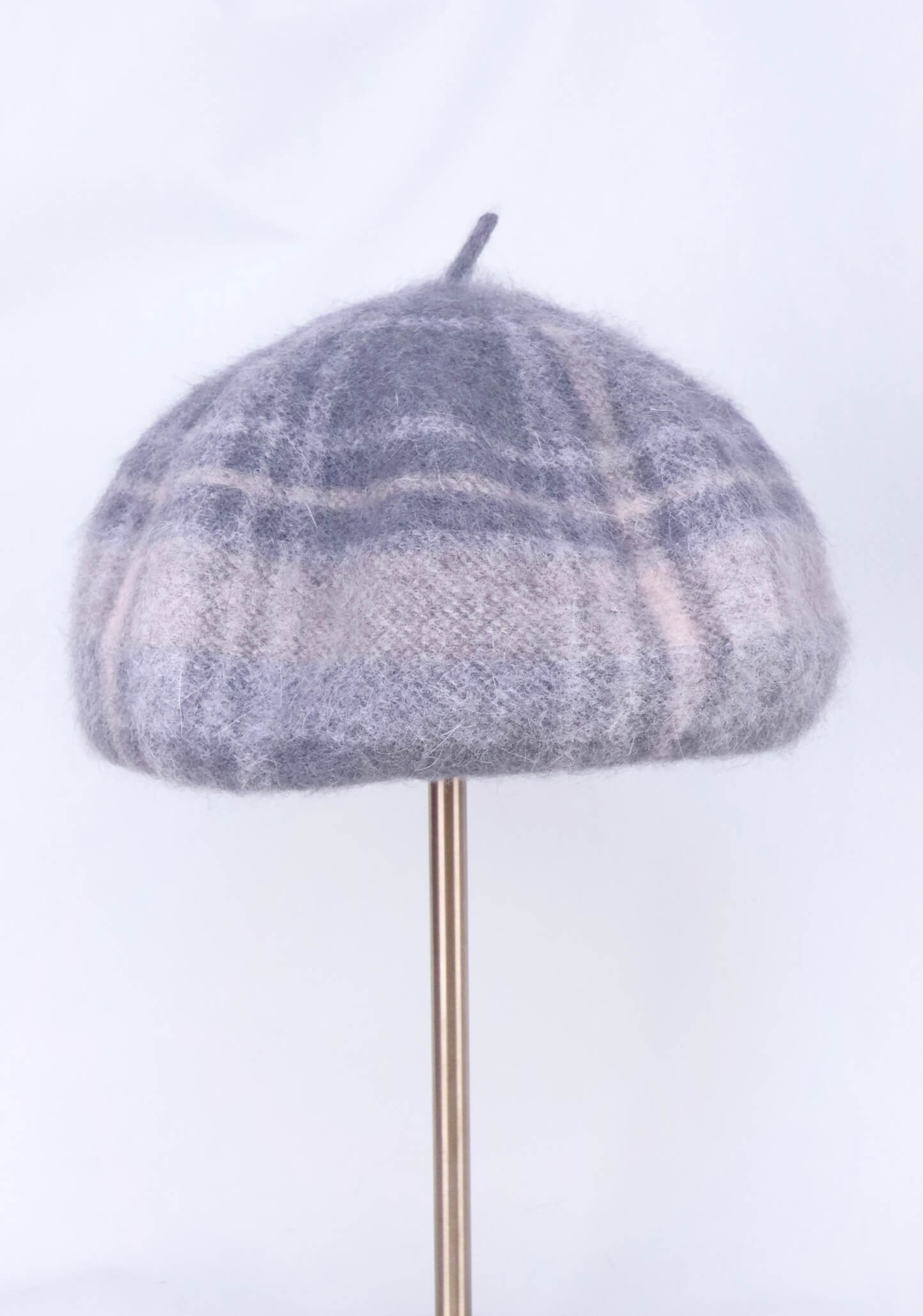 wool knitted beret hat | light grey tartan