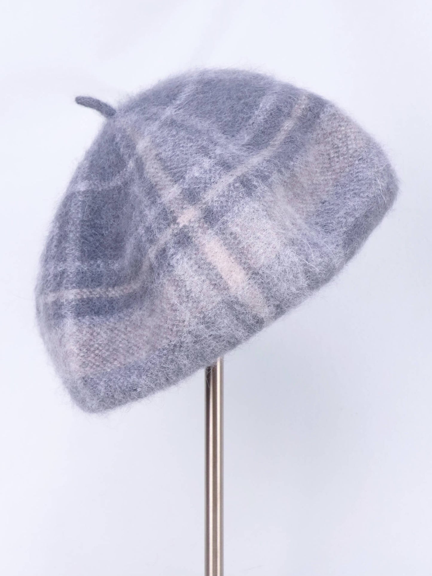 wool knitted beret hat | light grey tartan