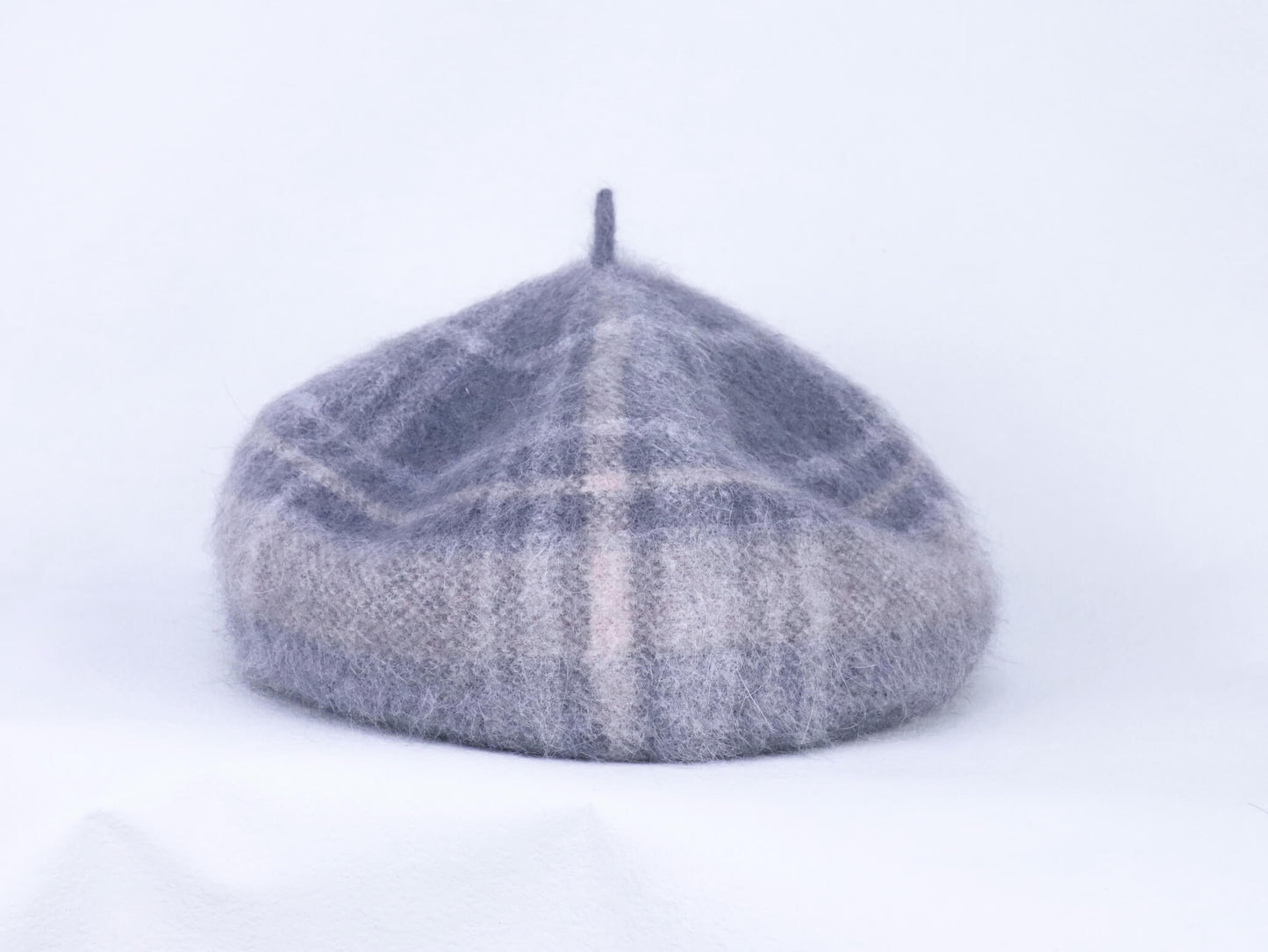 wool knitted beret hat | light grey tartan