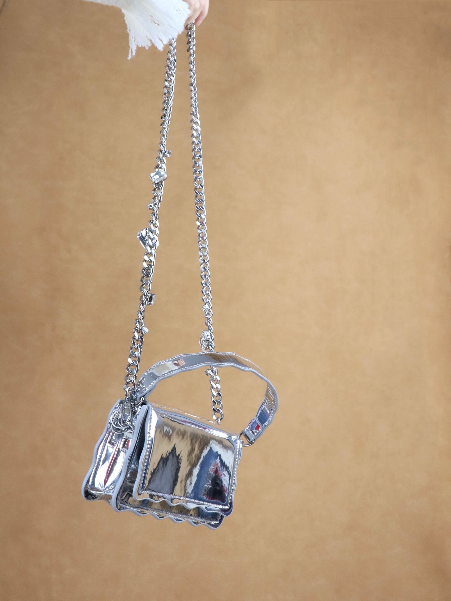 Silver Leather Crossbody Bag | Rhinestones Chain Stap