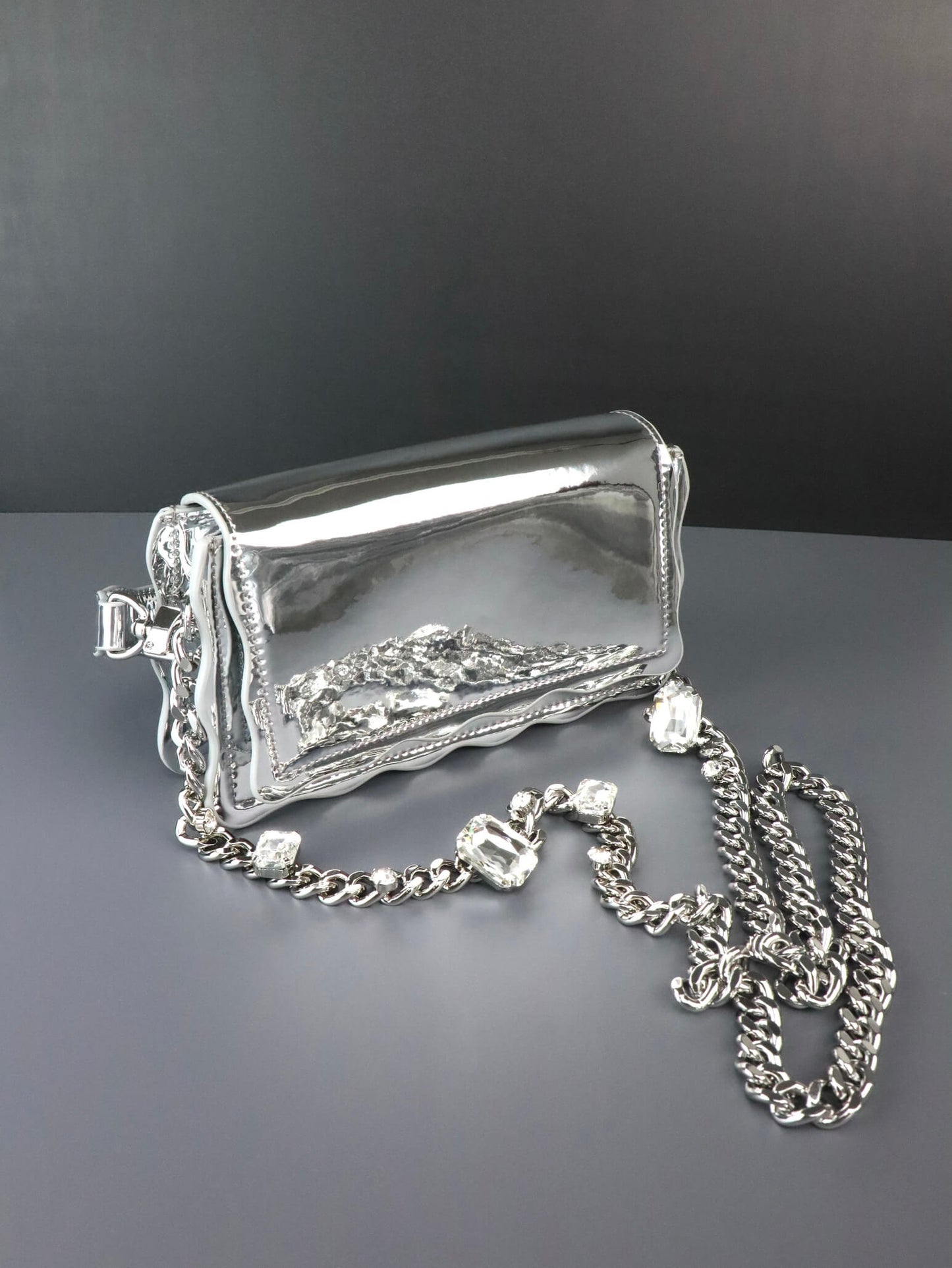Silver Leather Crossbody Bag | Rhinestones Chain Stap