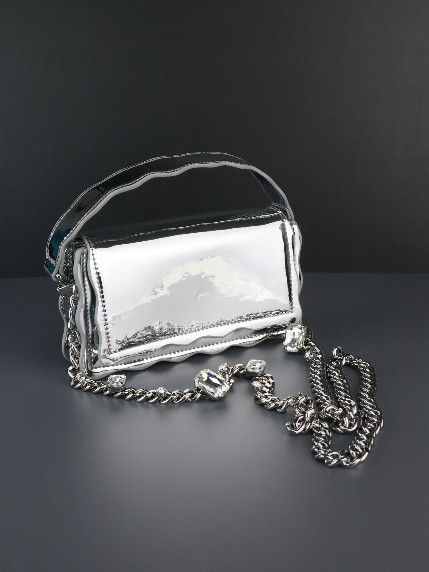 Silver Leather Crossbody Bag | Rhinestones Chain Stap