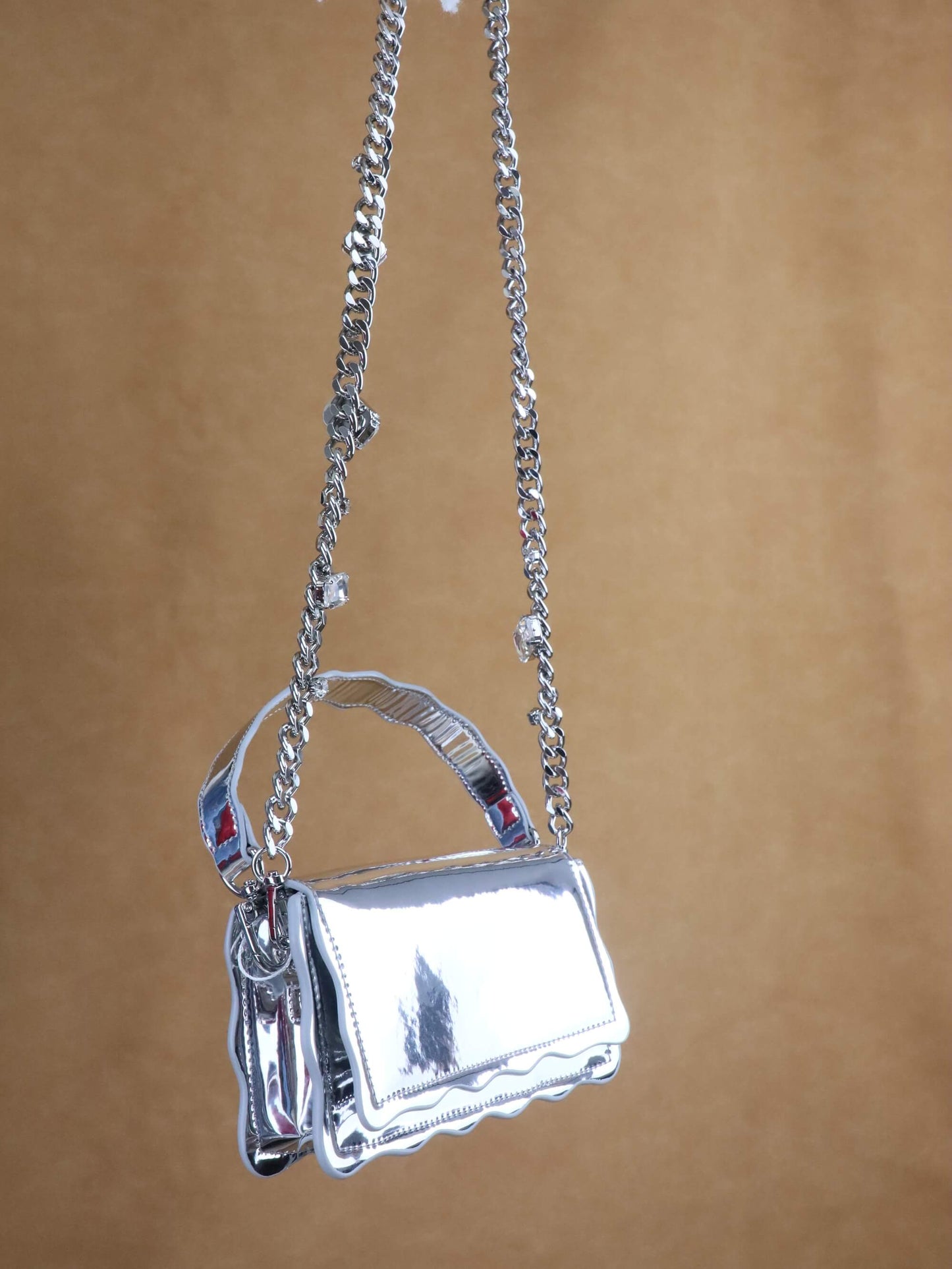 Silver Leather Crossbody Bag | Rhinestones Chain Stap