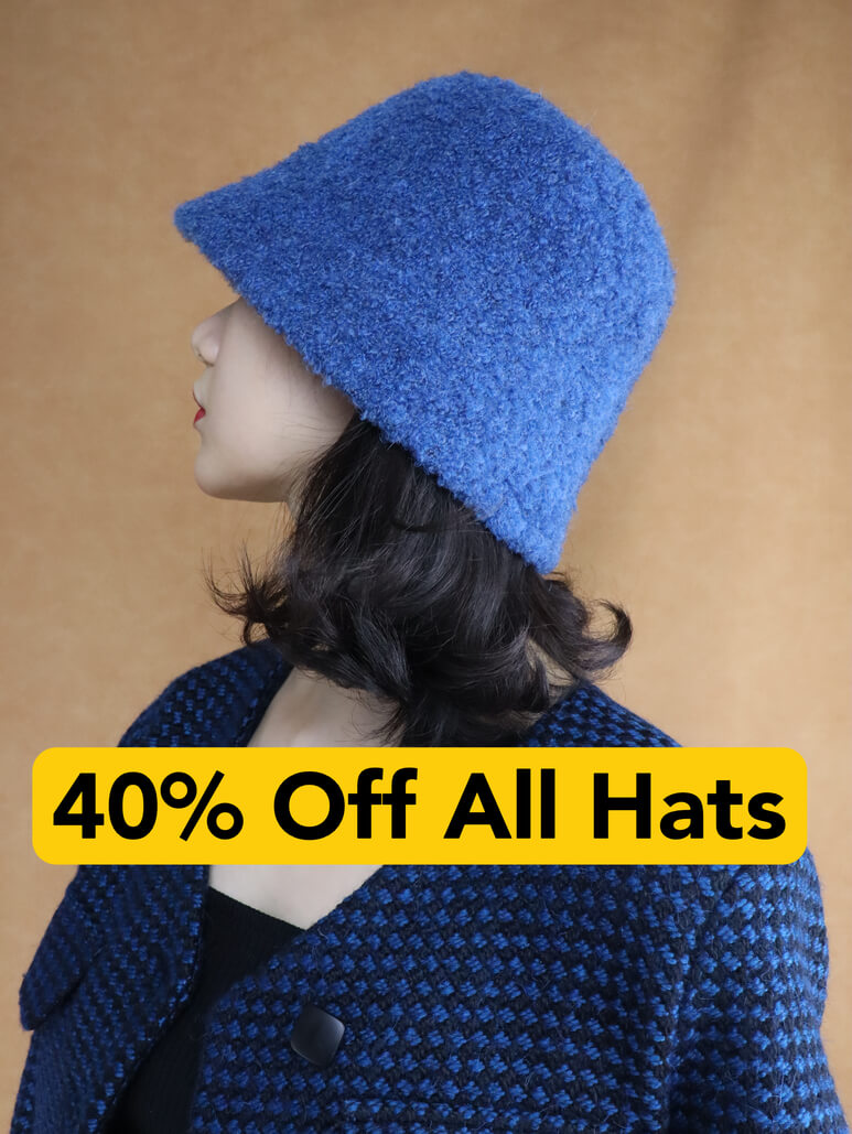 All hats enjoy 40% off discount.Wool knitted beret hats, bucket hats, leather beret hats, fedora hats.