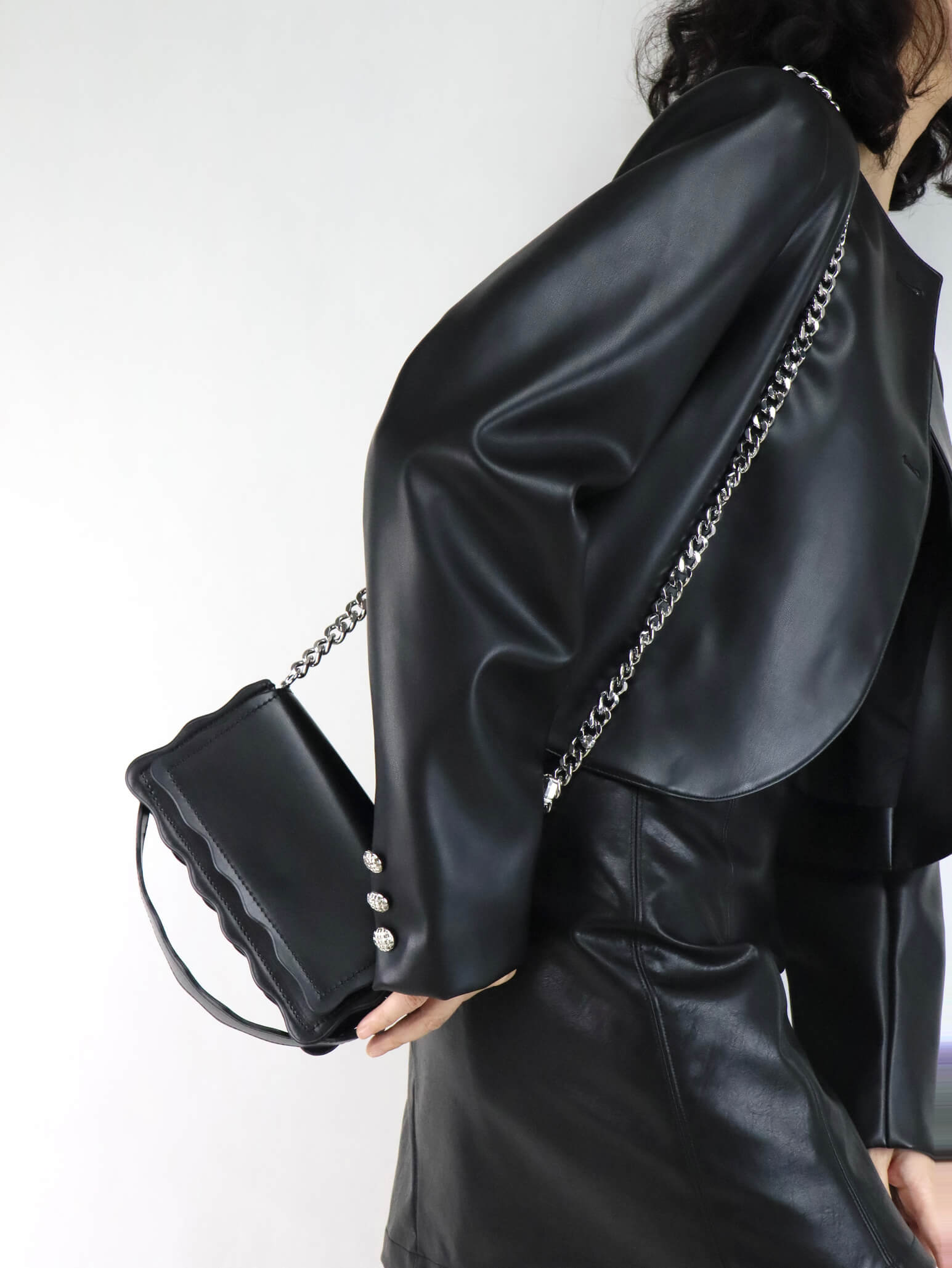 Black Leather Crossbody Bag | Rhinestones Chain Stap