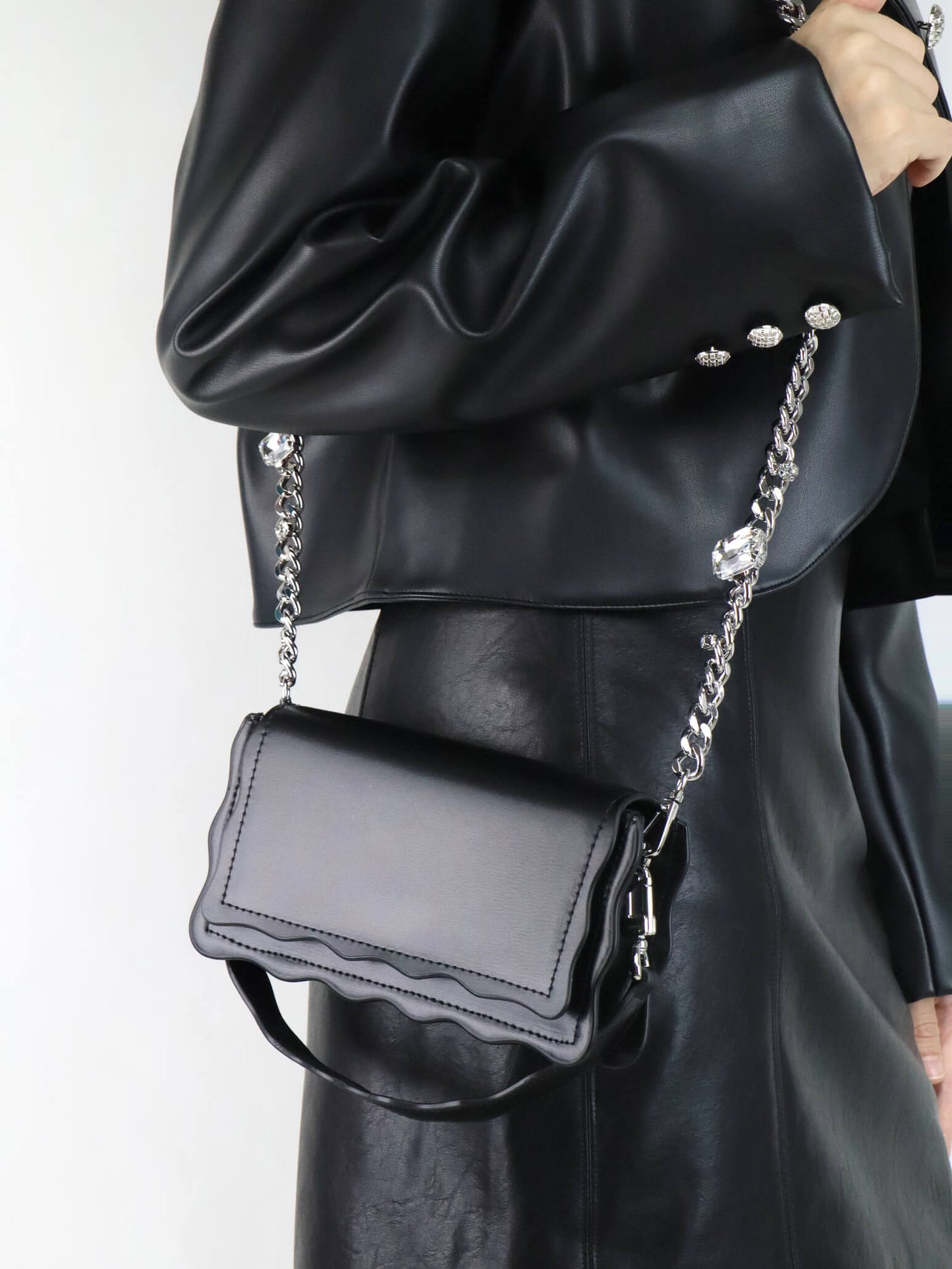 Black Leather Crossbody Bag + Black Leather Jacket for Women