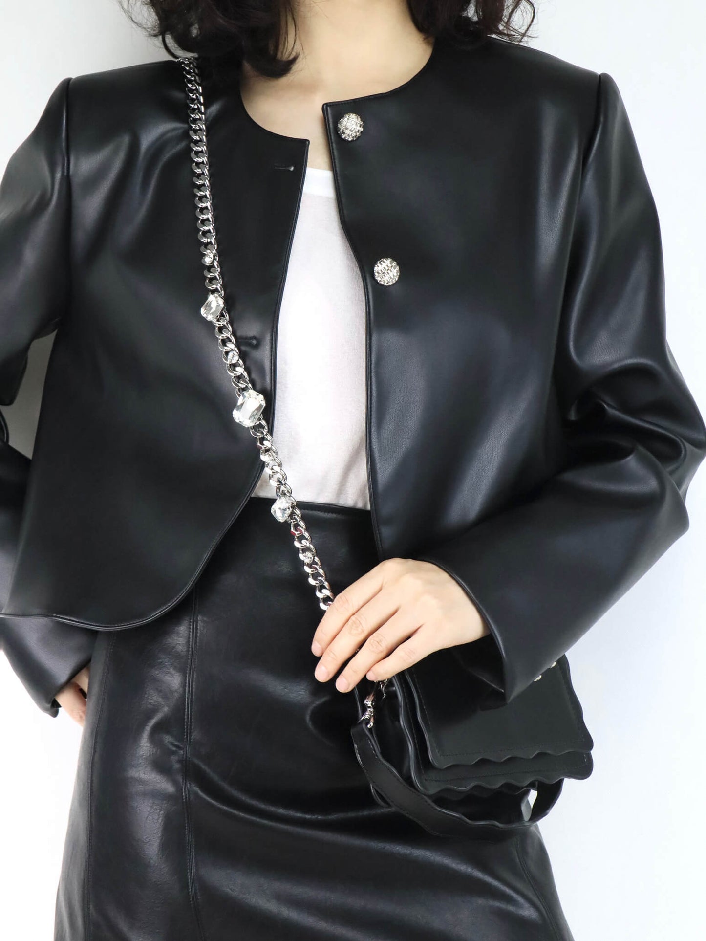 Black Leather Crossbody Bag | Rhinestones Chain Stap