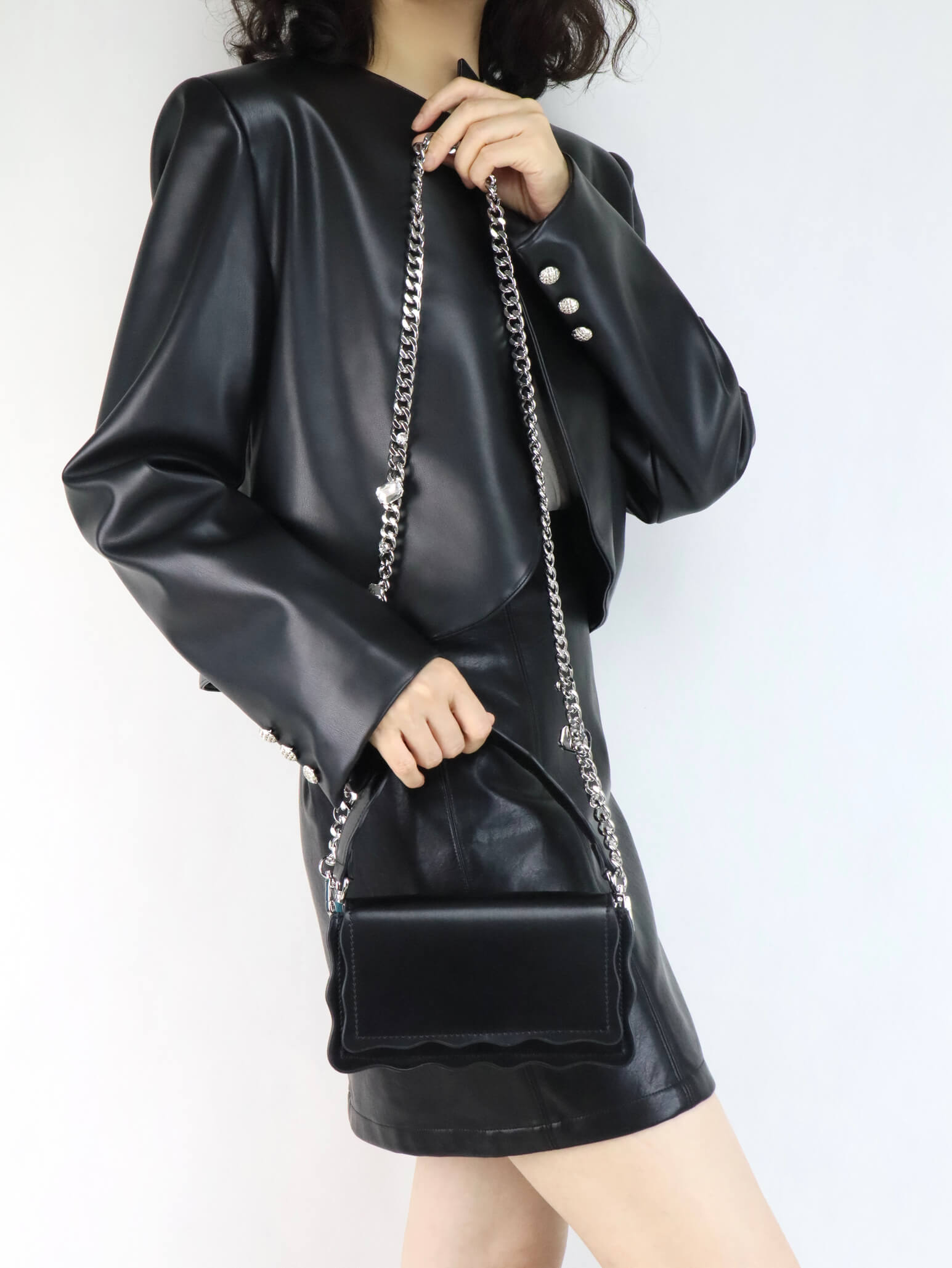 Black Leather Crossbody Bag | Rhinestones Chain Stap