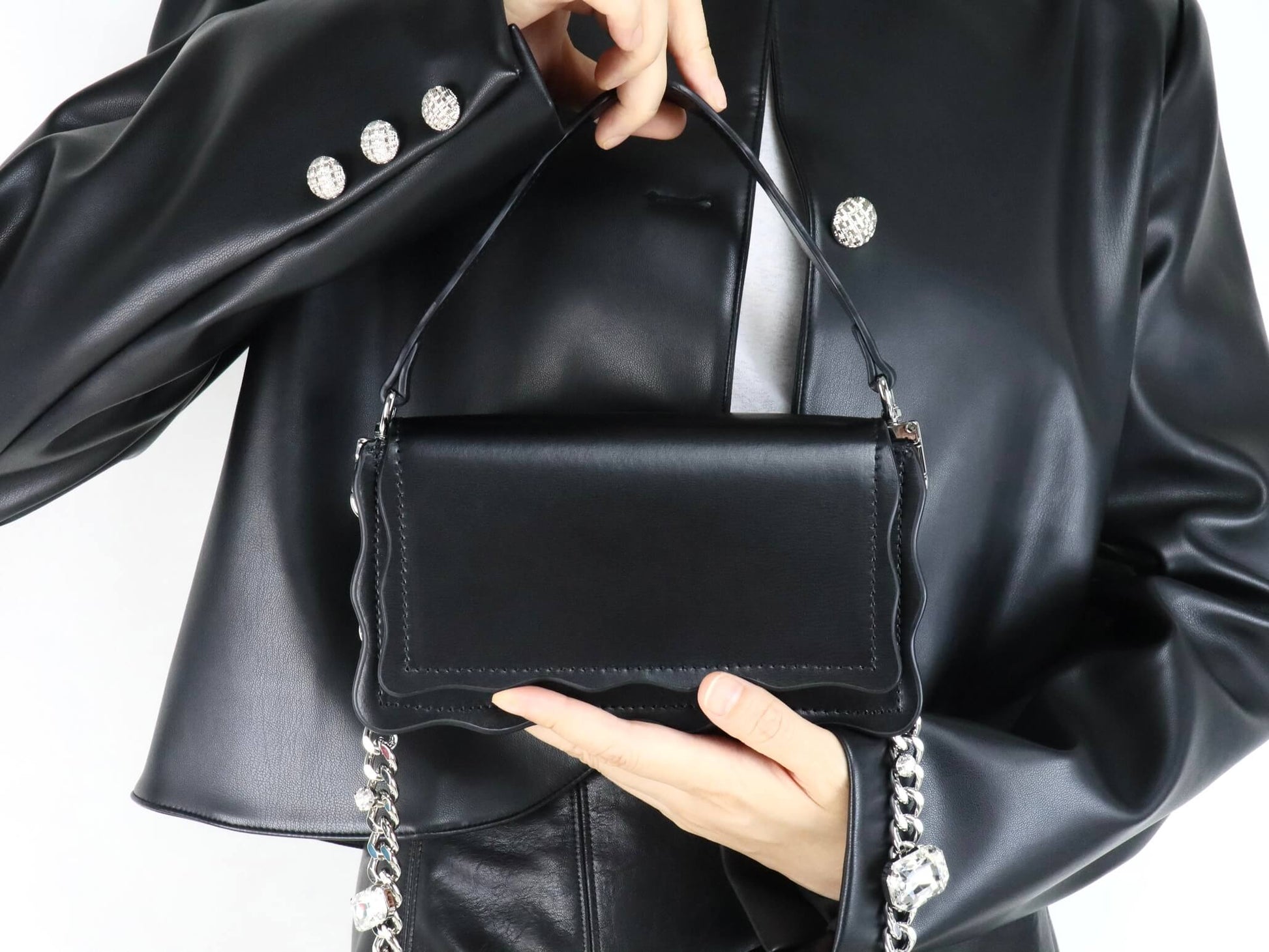 Black Leather Crossbody Bag | Rhinestones Chain Stap