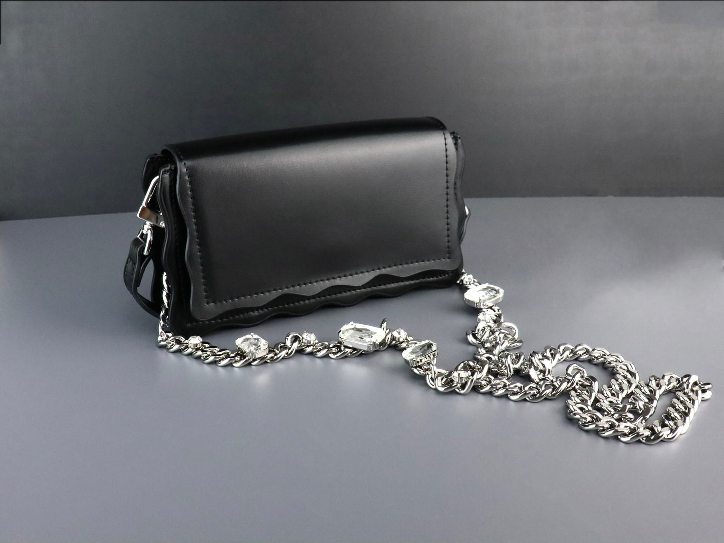 Black Leather Crossbody Bag | Rhinestones Chain Stap