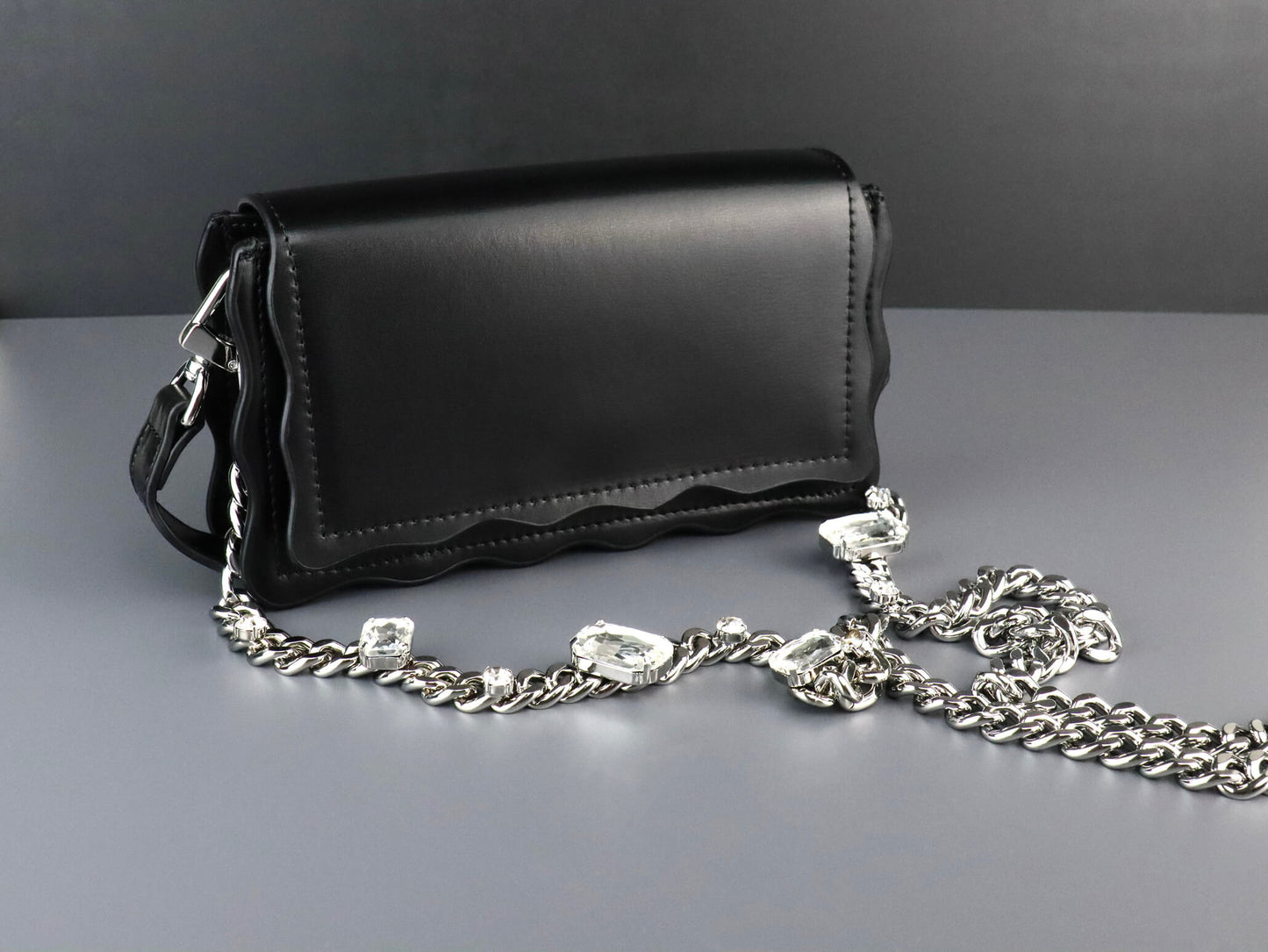 Black Leather Crossbody Bag | Rhinestones Chain Stap