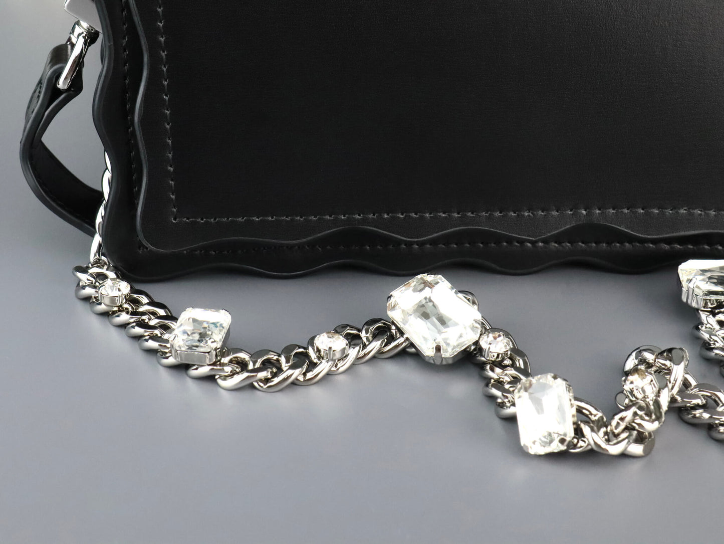 Black Leather Crossbody Bag | Rhinestones Chain Stap