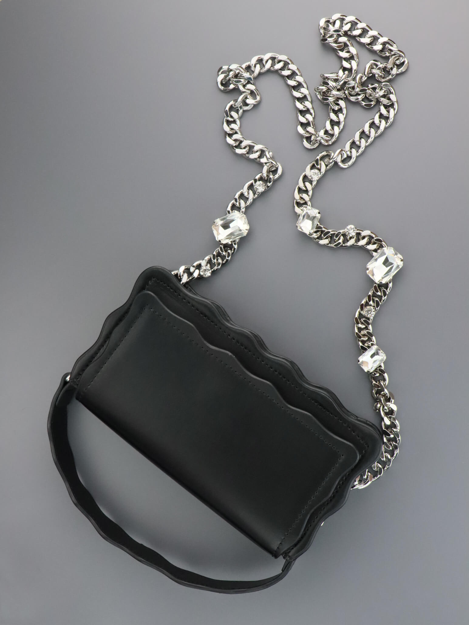 Black Leather Crossbody Bag | Rhinestones Chain Stap