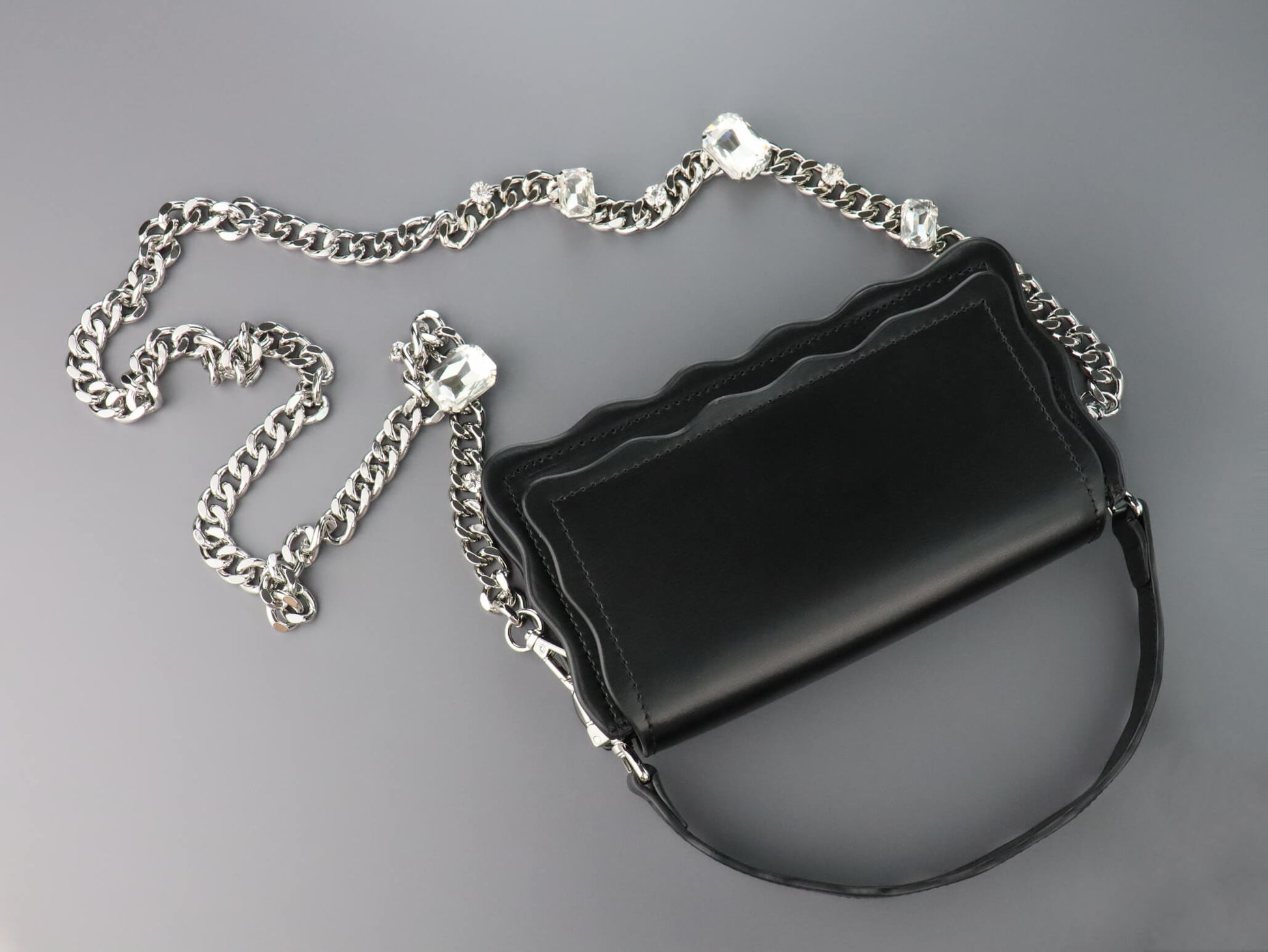 Black Leather Crossbody Bag | Rhinestones Chain Stap
