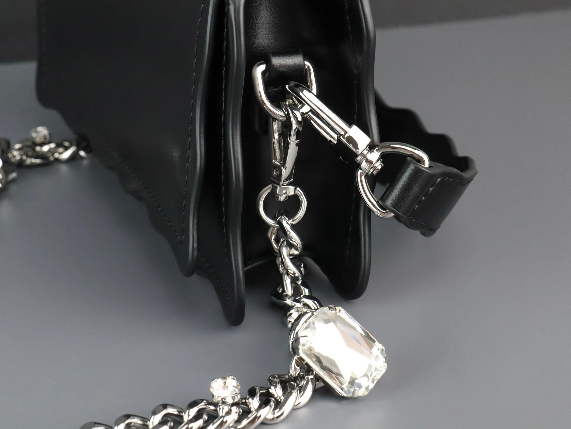 Black Leather Crossbody Bag | Rhinestones Chain Stap