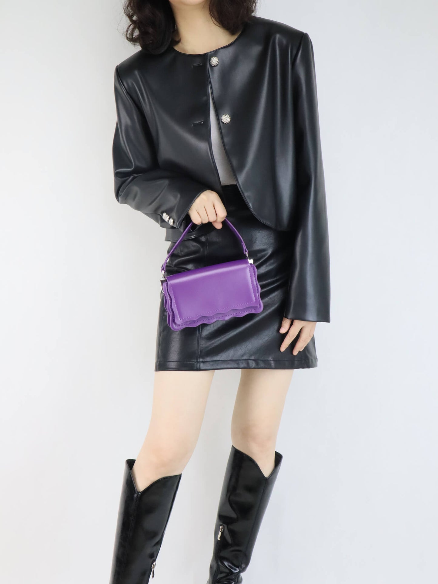 Purple Leather Crossbody Bag&Handbag + Black Leather Jacket