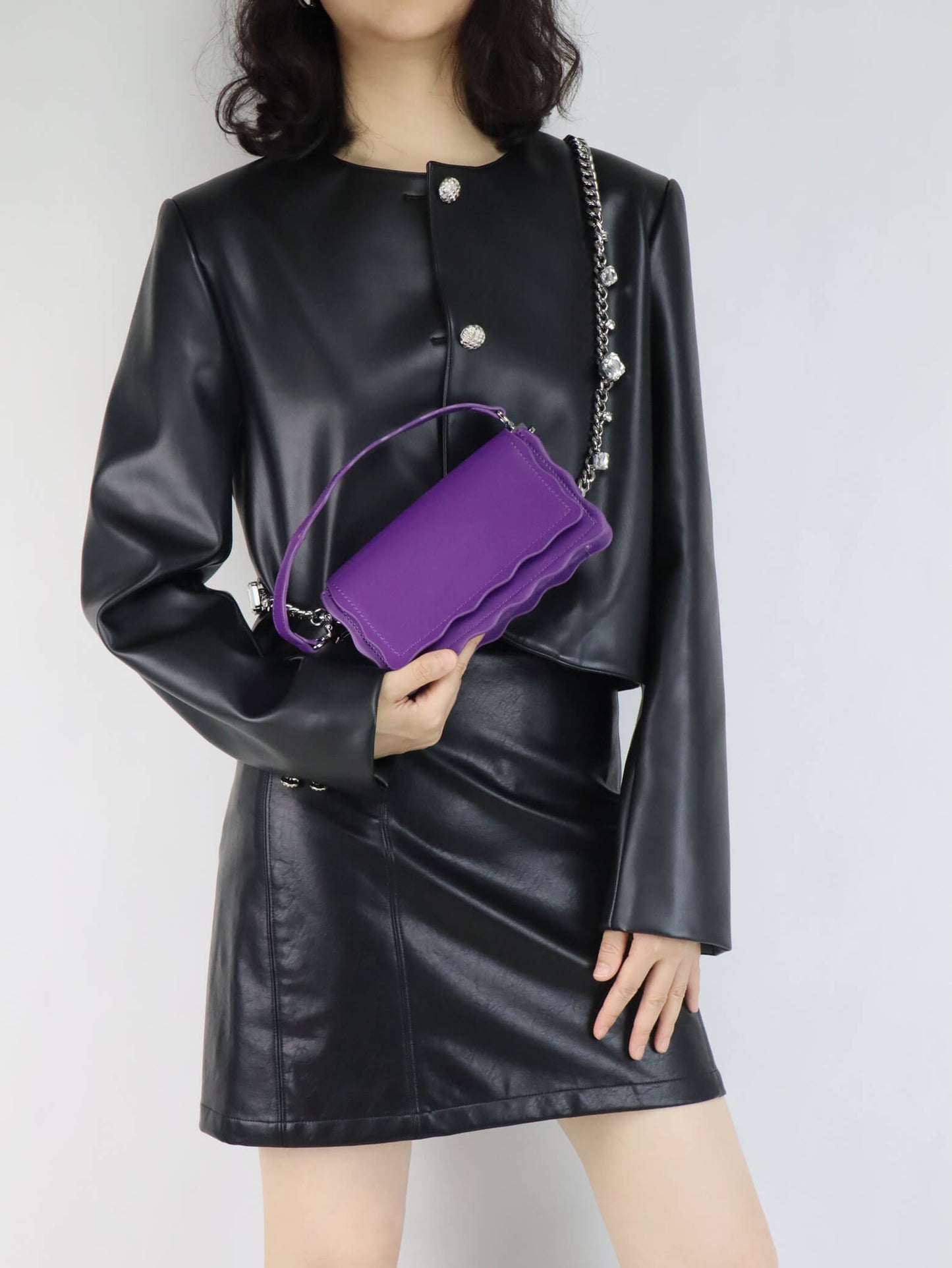 Purple Leather Crossbody Bag&Handbag + Black Leather Jacket