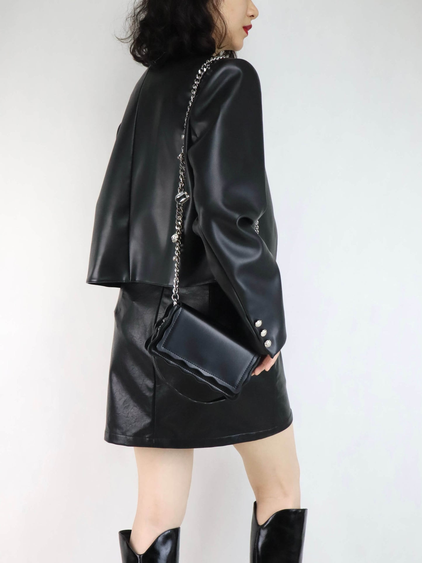 Black Leather Crossbody Bag + Black Leather Jacket for Women