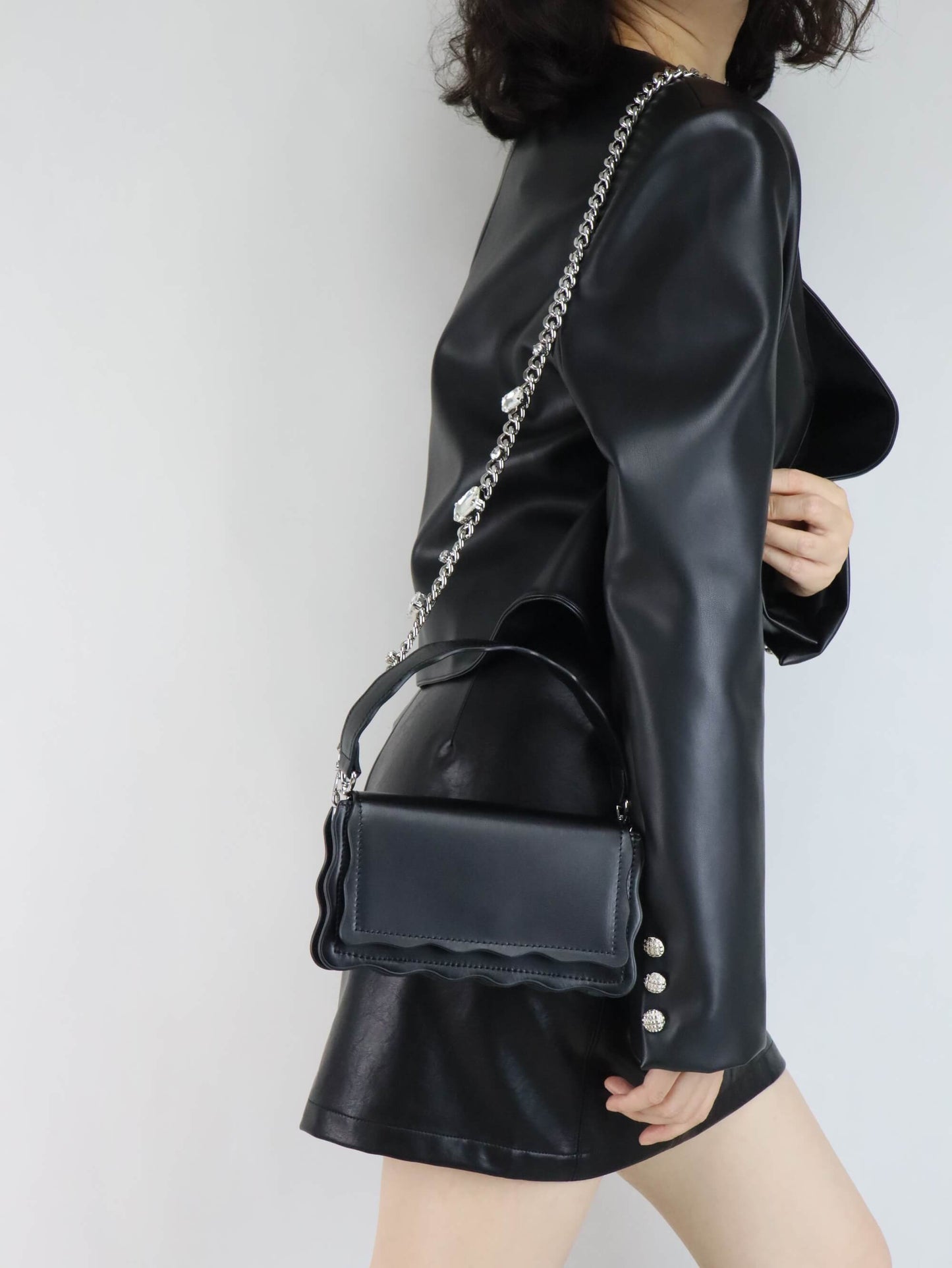 Black Leather Crossbody Bag + Black Leather Jacket for Women