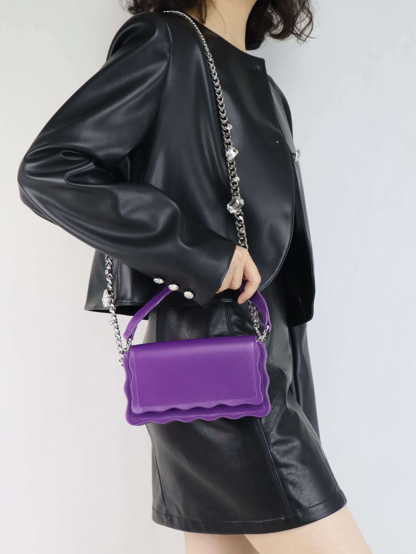 Purple Leather Crossbody Bag&Handbag + Black Leather Jacket