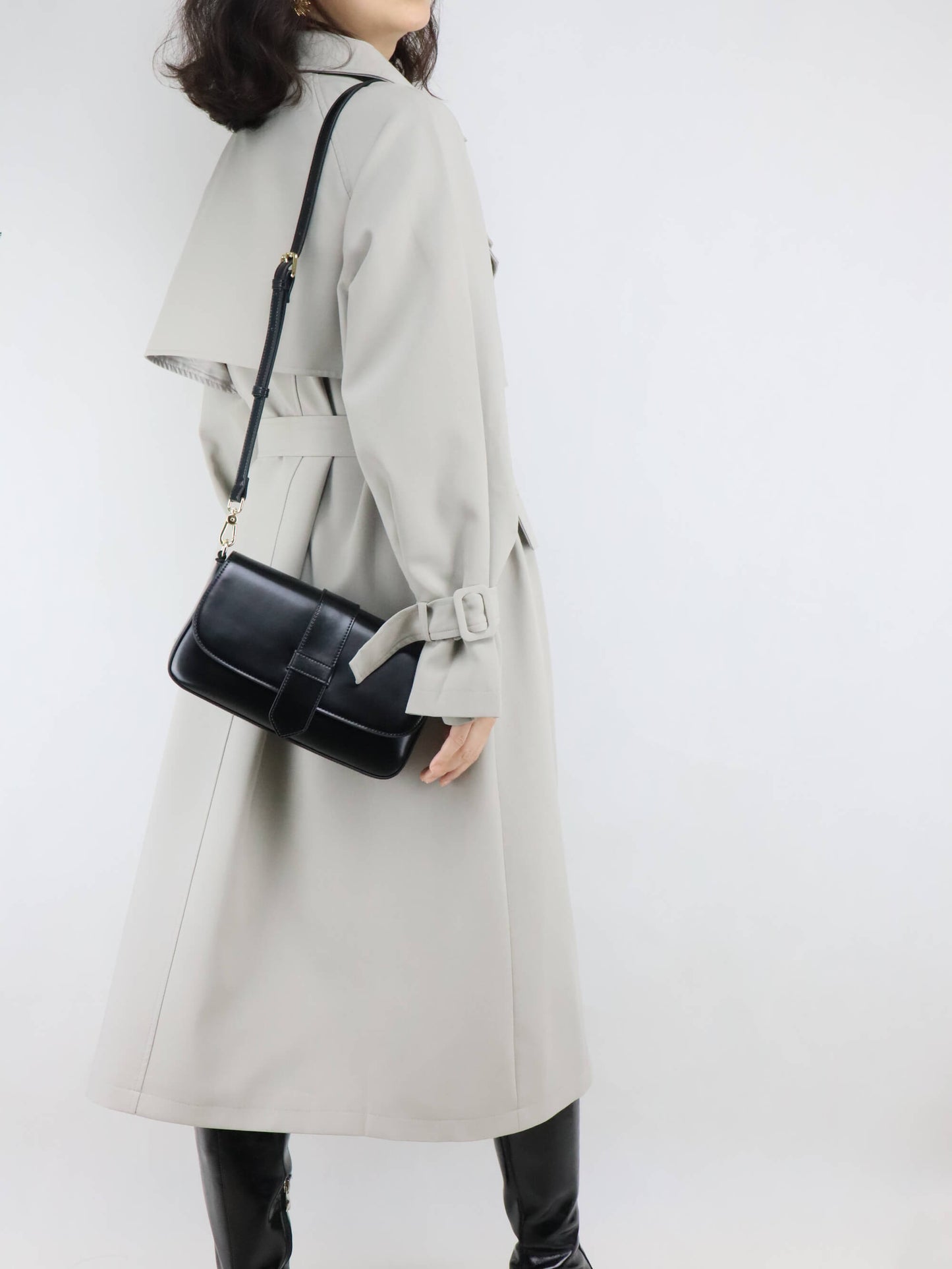 Black Leather Crossbody Bag + Long Trench Coat for Women