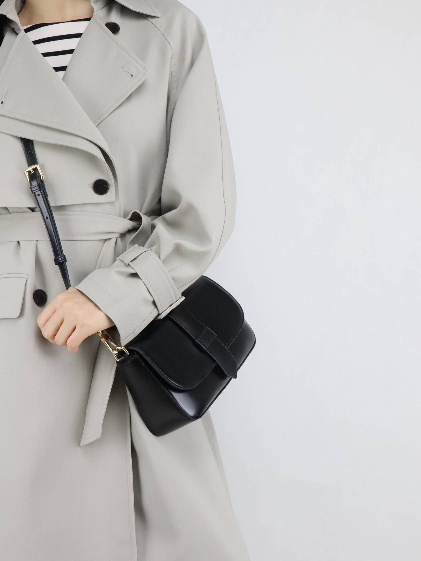 Black Leather Crossbody Bag + Long Trench Coat for Women