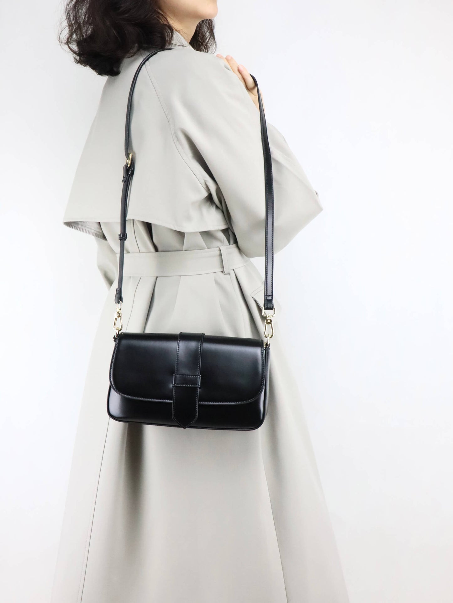 Black Leather Crossbody Bag + Long Trench Coat for Women