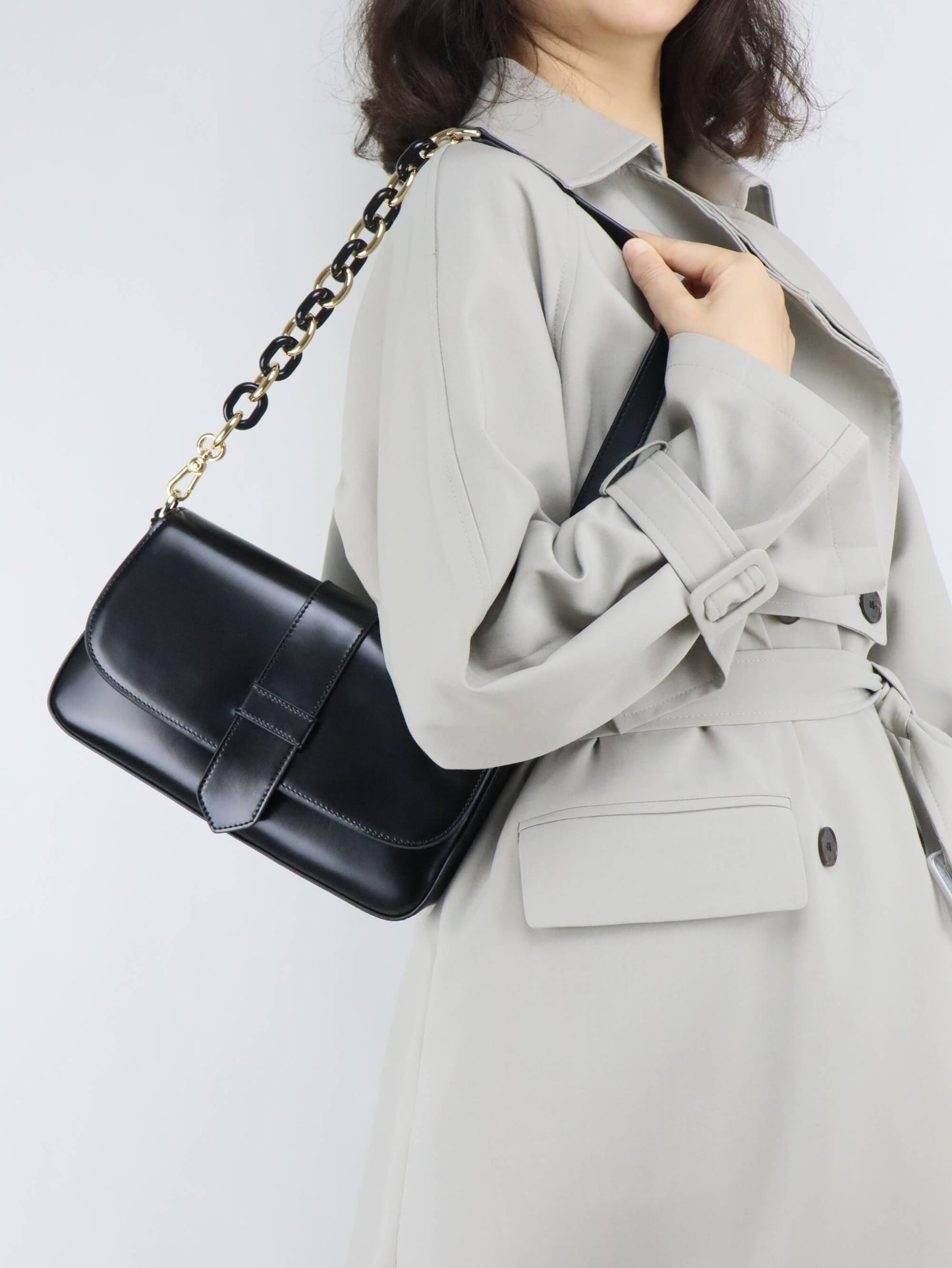 Black Leather Crossbody Bag + Long Trench Coat for Women