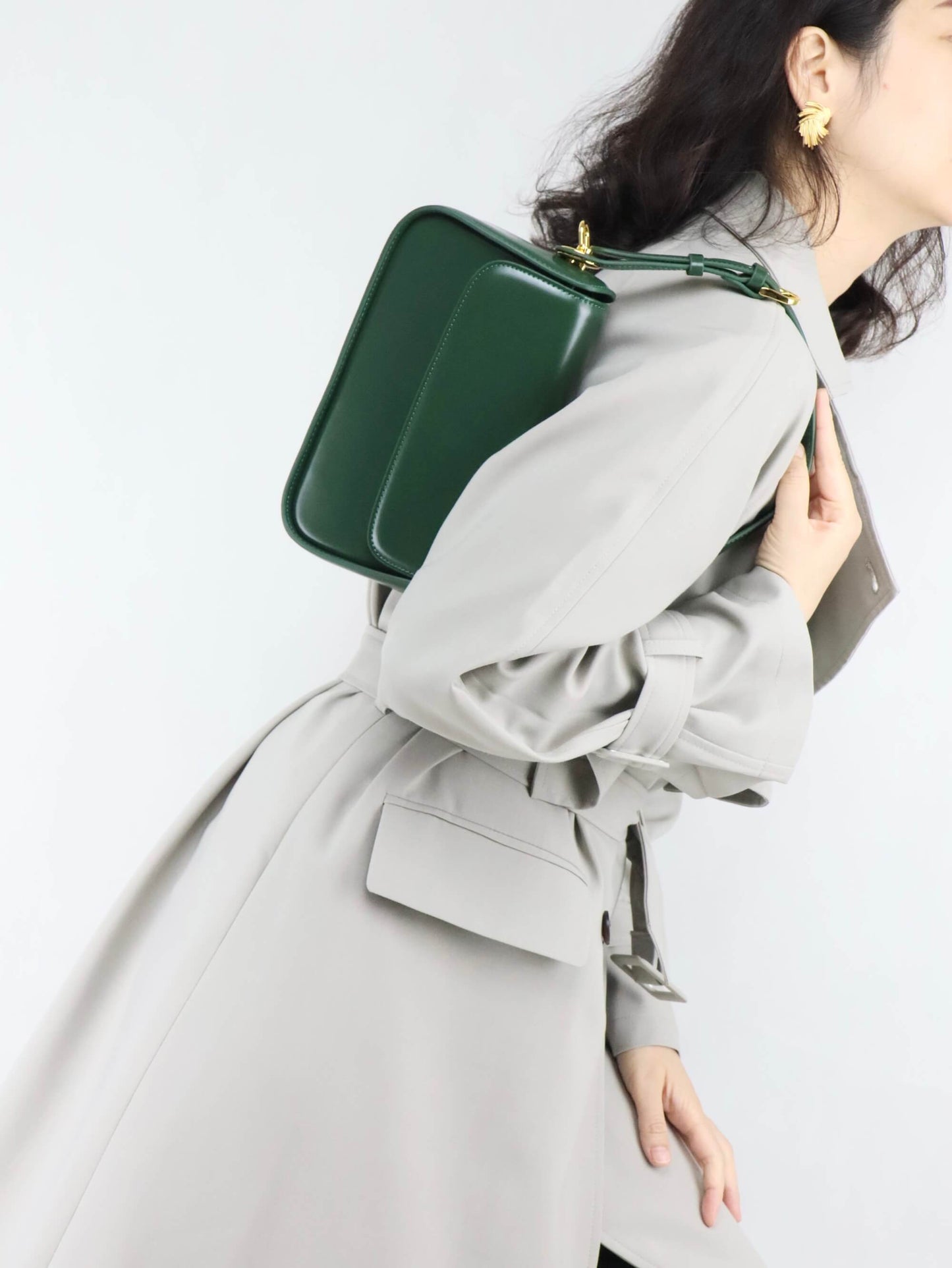 Green Leather Shoulder Bag & Crossbody Bag + Long Trench Coat for Women