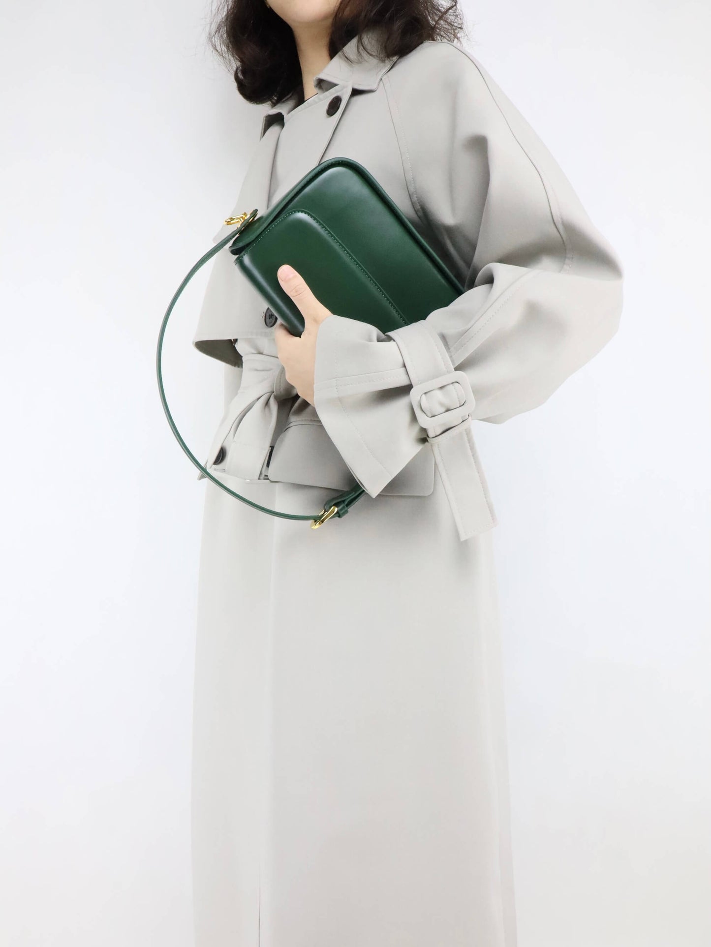 Green Leather Shoulder Bag & Crossbody Bag + Long Trench Coat for Women