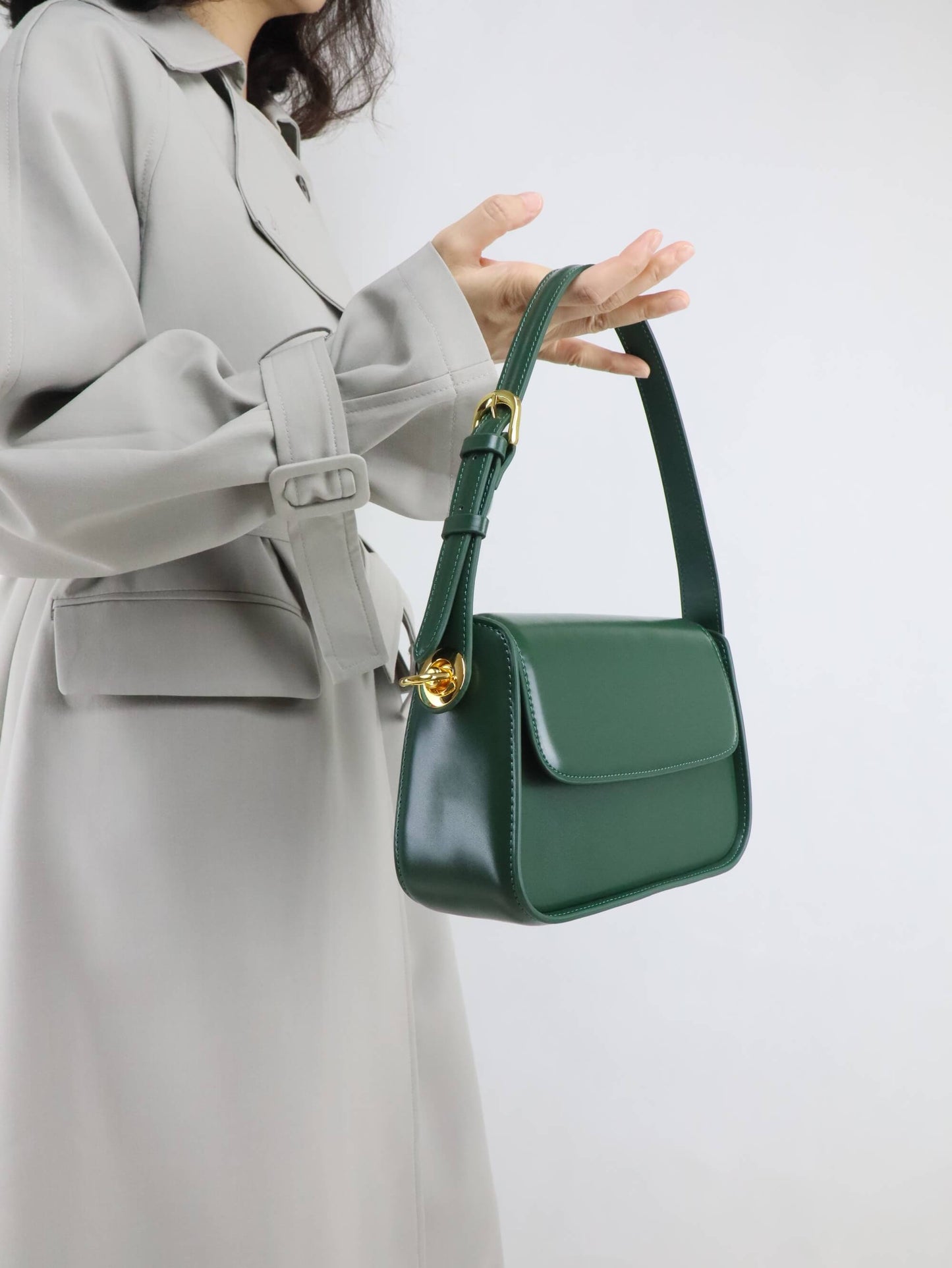 Green Leather Shoulder Bag & Crossbody Bag + Long Trench Coat for Women