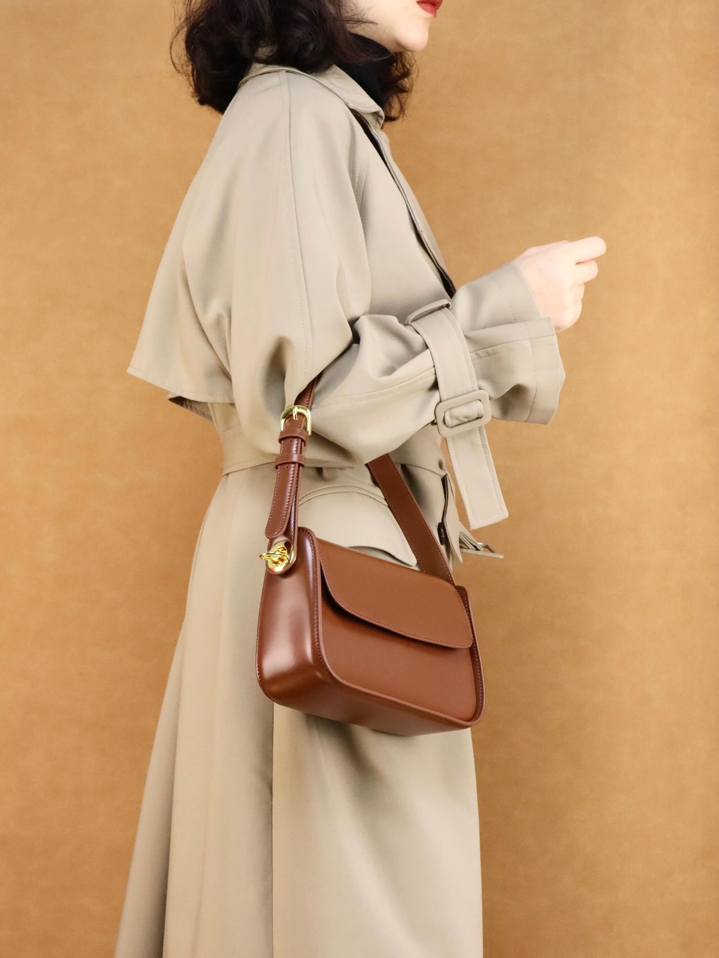 Brown Leather Shoulder Bag & Crossbody Bag + Khaki Long Trench Coat