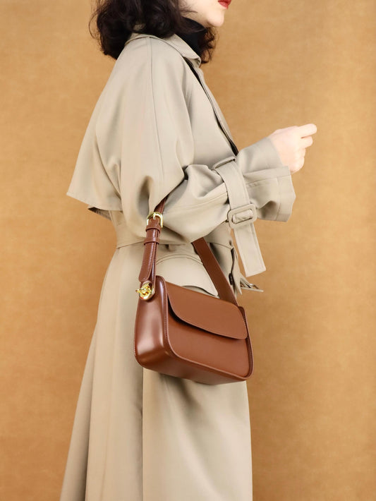 Brown Leather Shoulder Bag & Crossbody Bag + Khaki Long Trench Coat