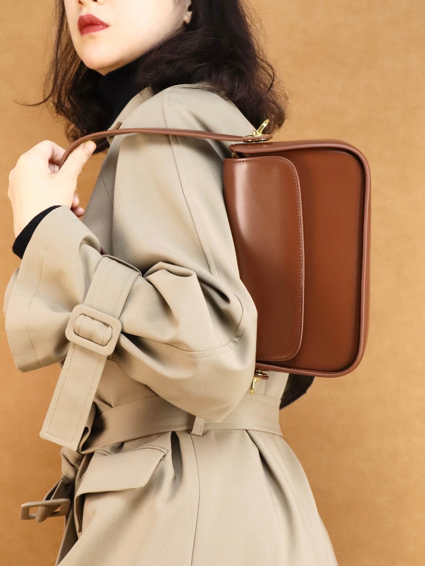 Brown Leather Shoulder Bag & Crossbody Bag + Khaki Long Trench Coat