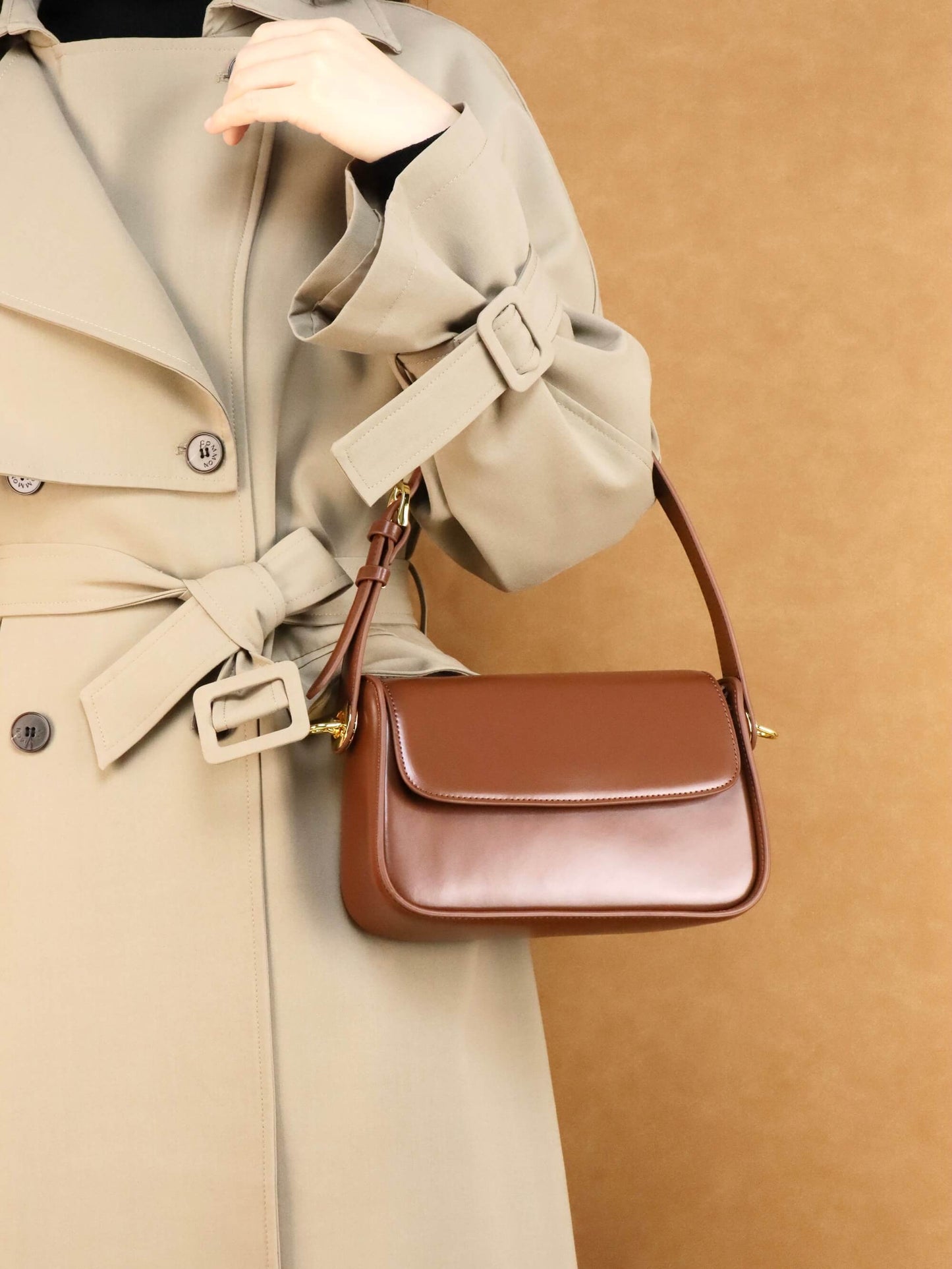 Brown Leather Shoulder Bag & Crossbody Bag + Khaki Long Trench Coat