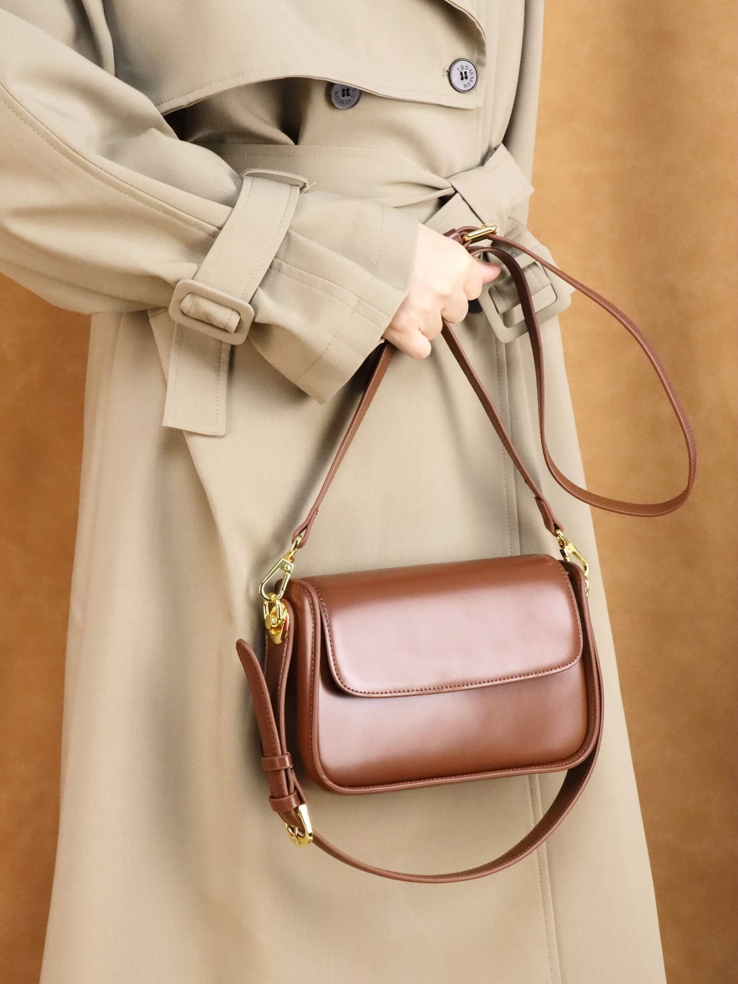 Brown Leather Shoulder Bag & Crossbody Bag + Khaki Long Trench Coat