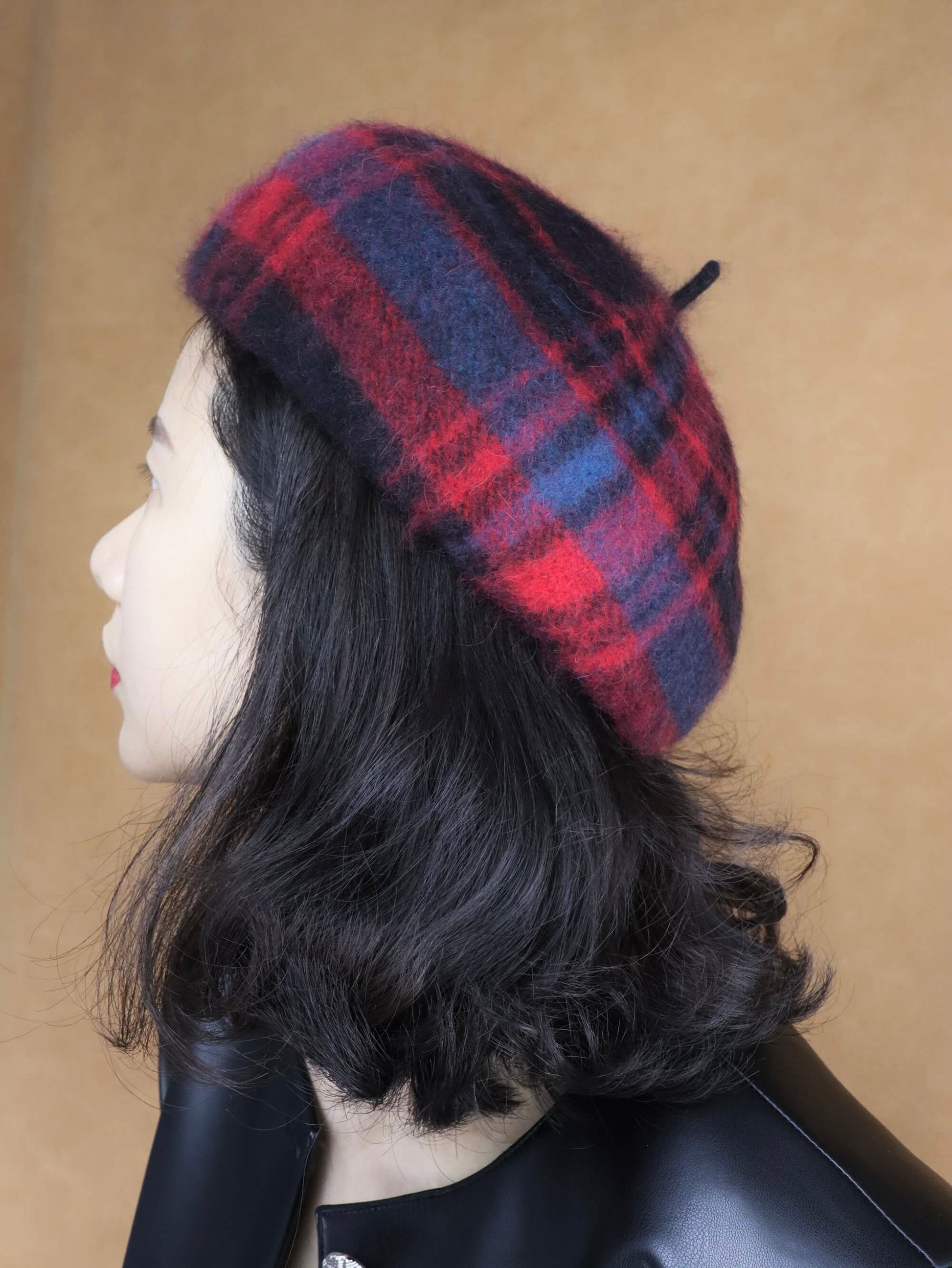 Wool Knitted Beret Hat in Red Tartan