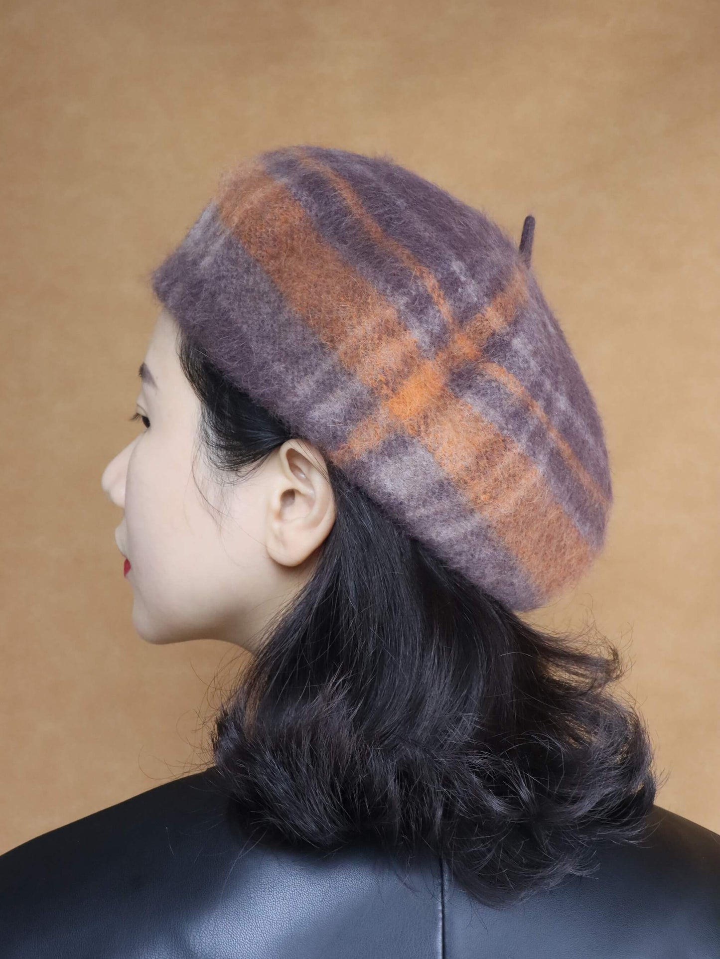 wool knitted beret hat | orange brown tartan