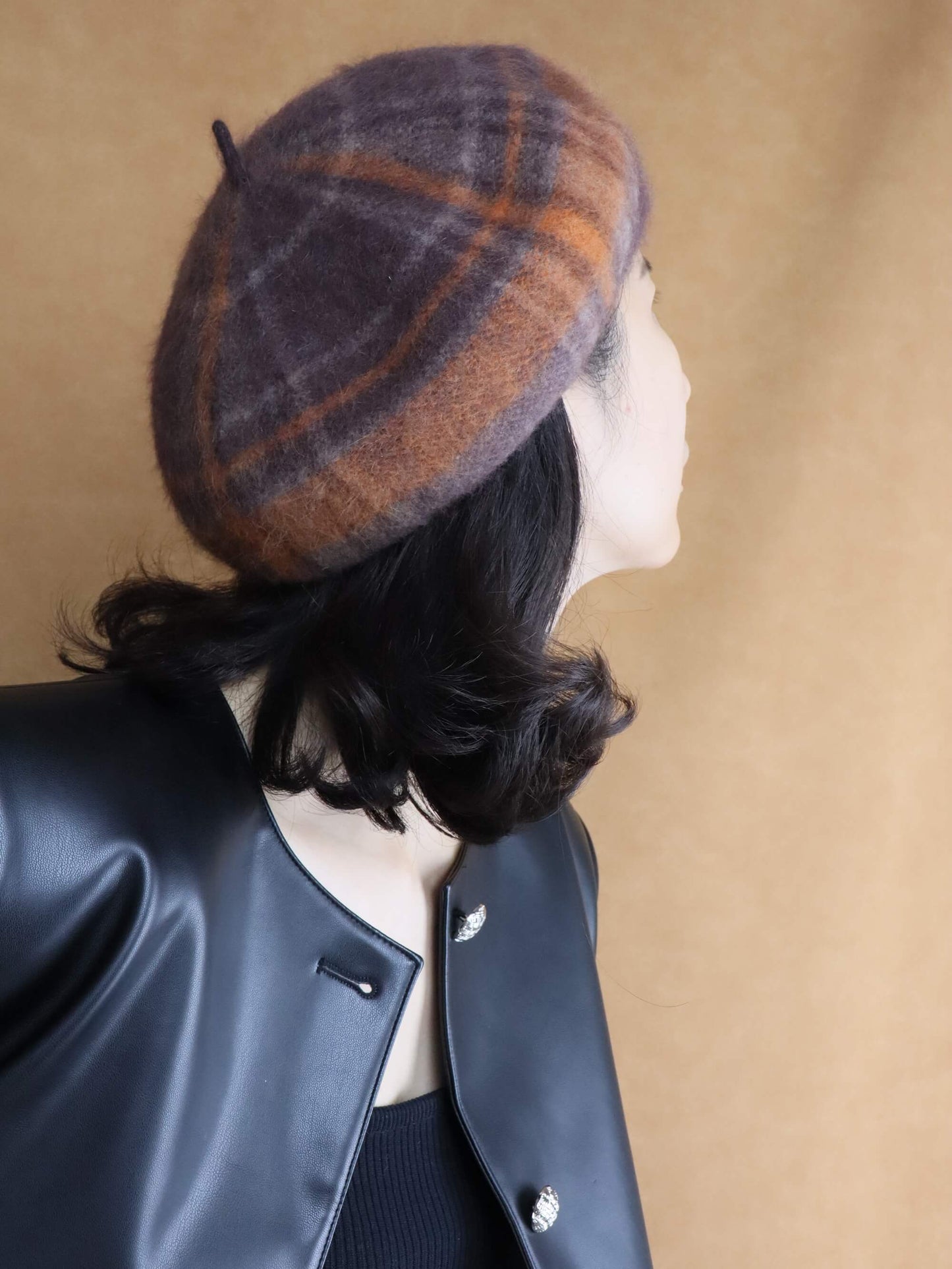 wool knitted beret hat | orange brown tartan